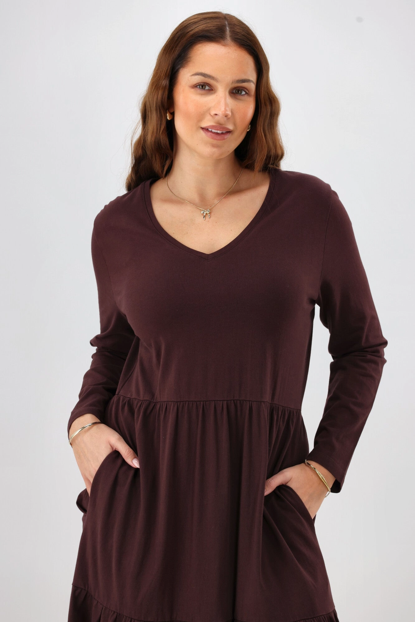 Casual Days Curve-Enhancing Shine On Essential Long Sleeve Tiered Dress Chocolate