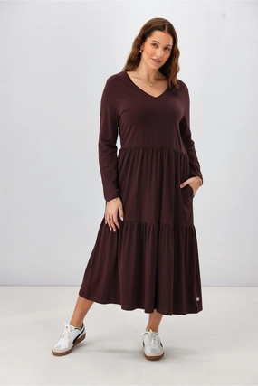 Smart And Comfortable Cool Texture Shine On Essential Long Sleeve Tiered Dress Chocolate