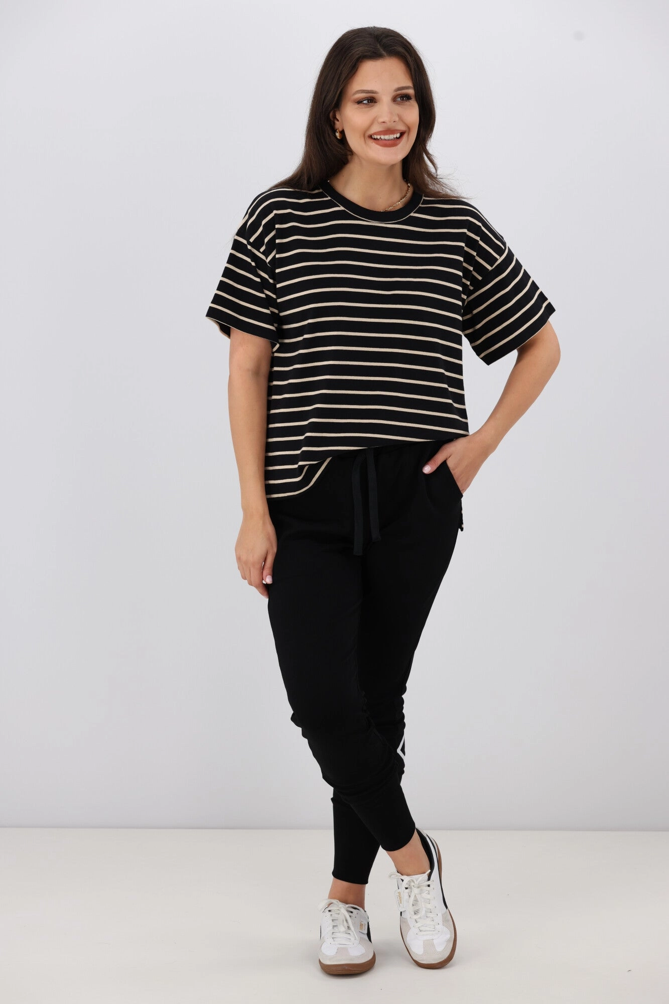 Classic Layering Soft Layers Shine On Essentials Relaxed Stripe Tee Black and Natural Stripe
