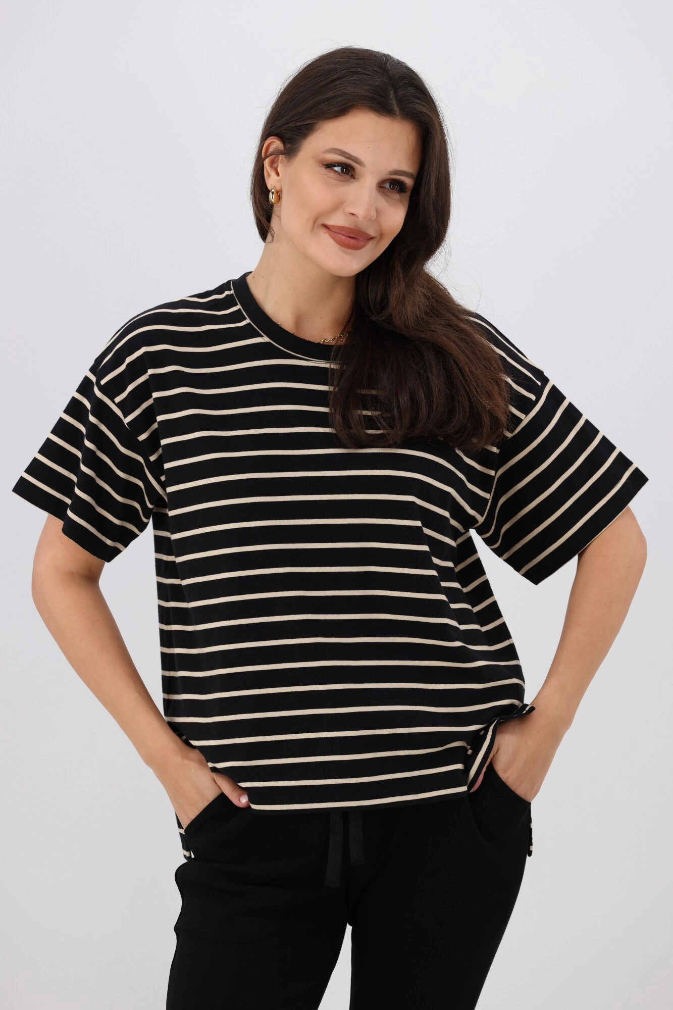 Shine On Essentials Relaxed Stripe Tee Black and Natural Stripe Weekend Smart Look