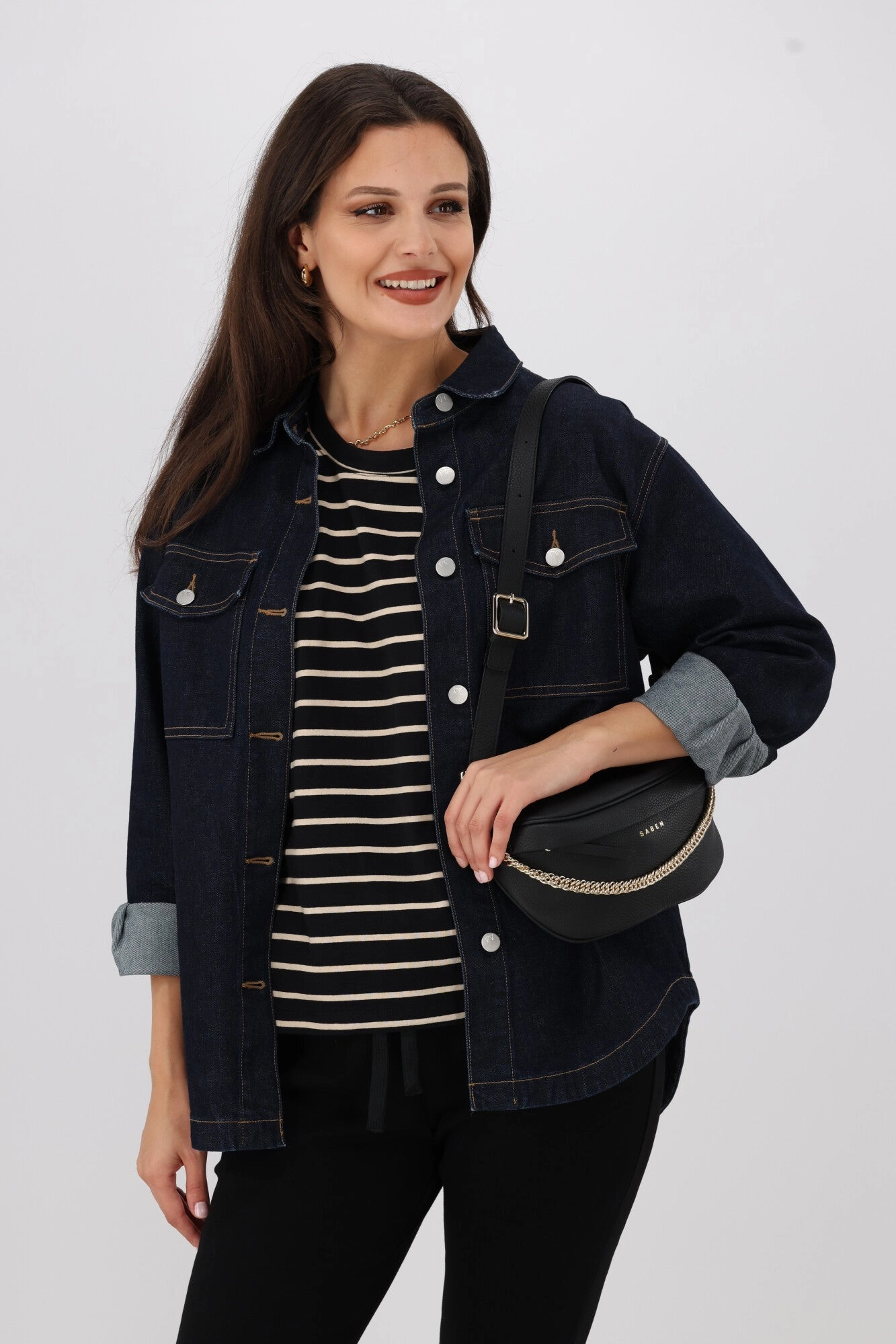 Shine On Essentials Relaxed Stripe Tee Black and Natural Stripe Soft Feel Circular Knit Construction