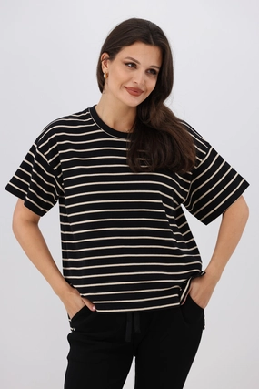 Shine On Essentials Relaxed Stripe Tee Black and Natural Stripe Weekend Smart Look