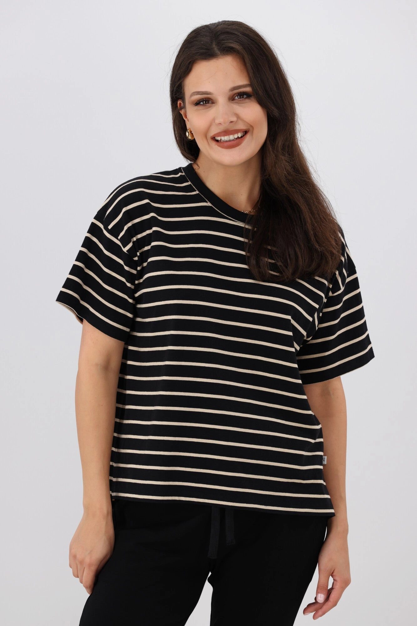Shine On Essentials Relaxed Stripe Tee Black and Natural Stripe LowImpactDye college