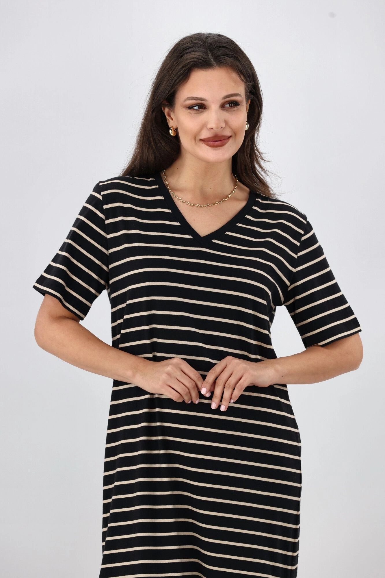 Low Profile Silhouette Versatile Design Shine On Essentials Relaxed Stripe Tee Dress Black and Natural Stripe