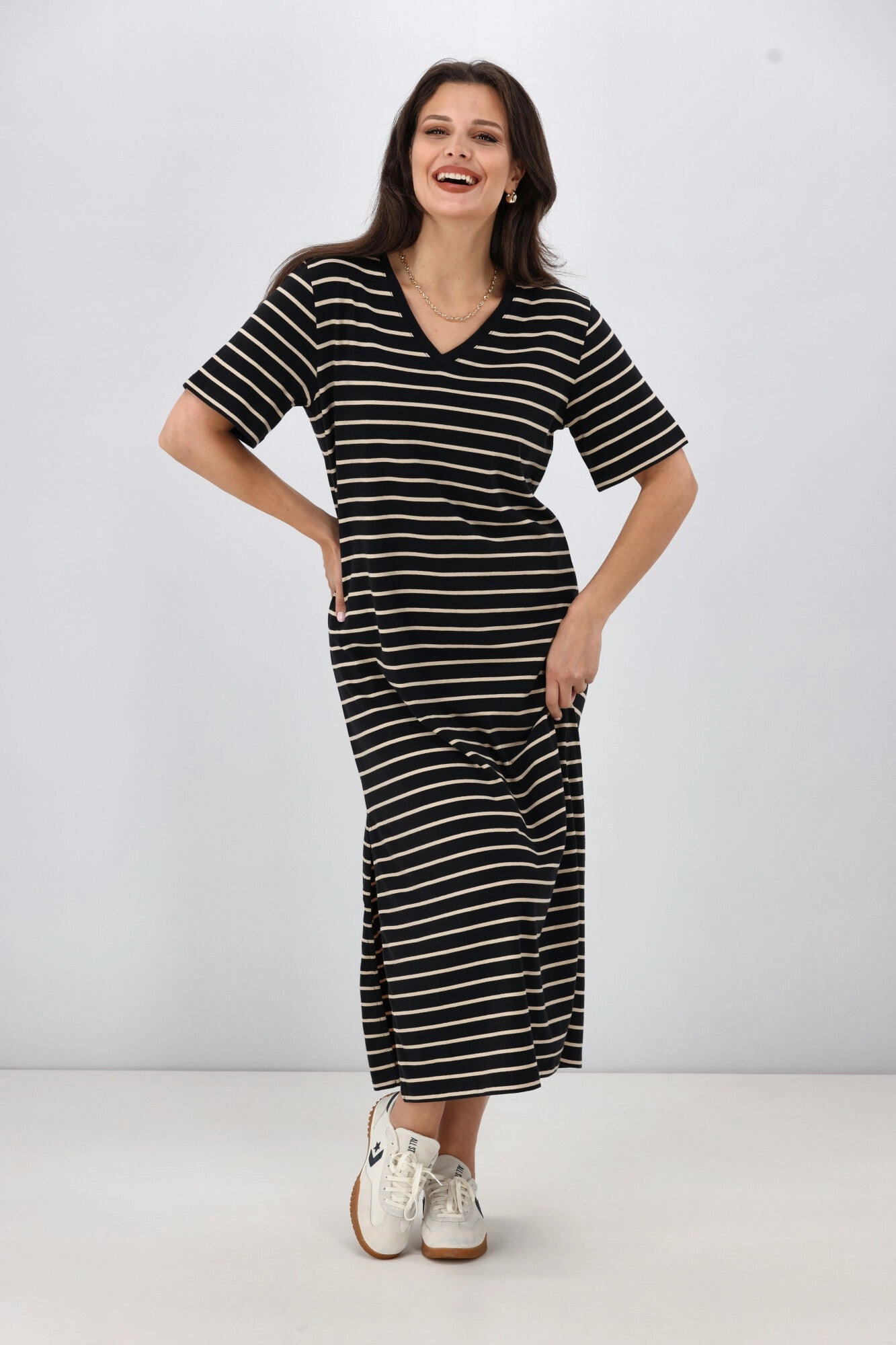 Street Trendy Shine On Essentials Relaxed Stripe Tee Dress Black and Natural Stripe