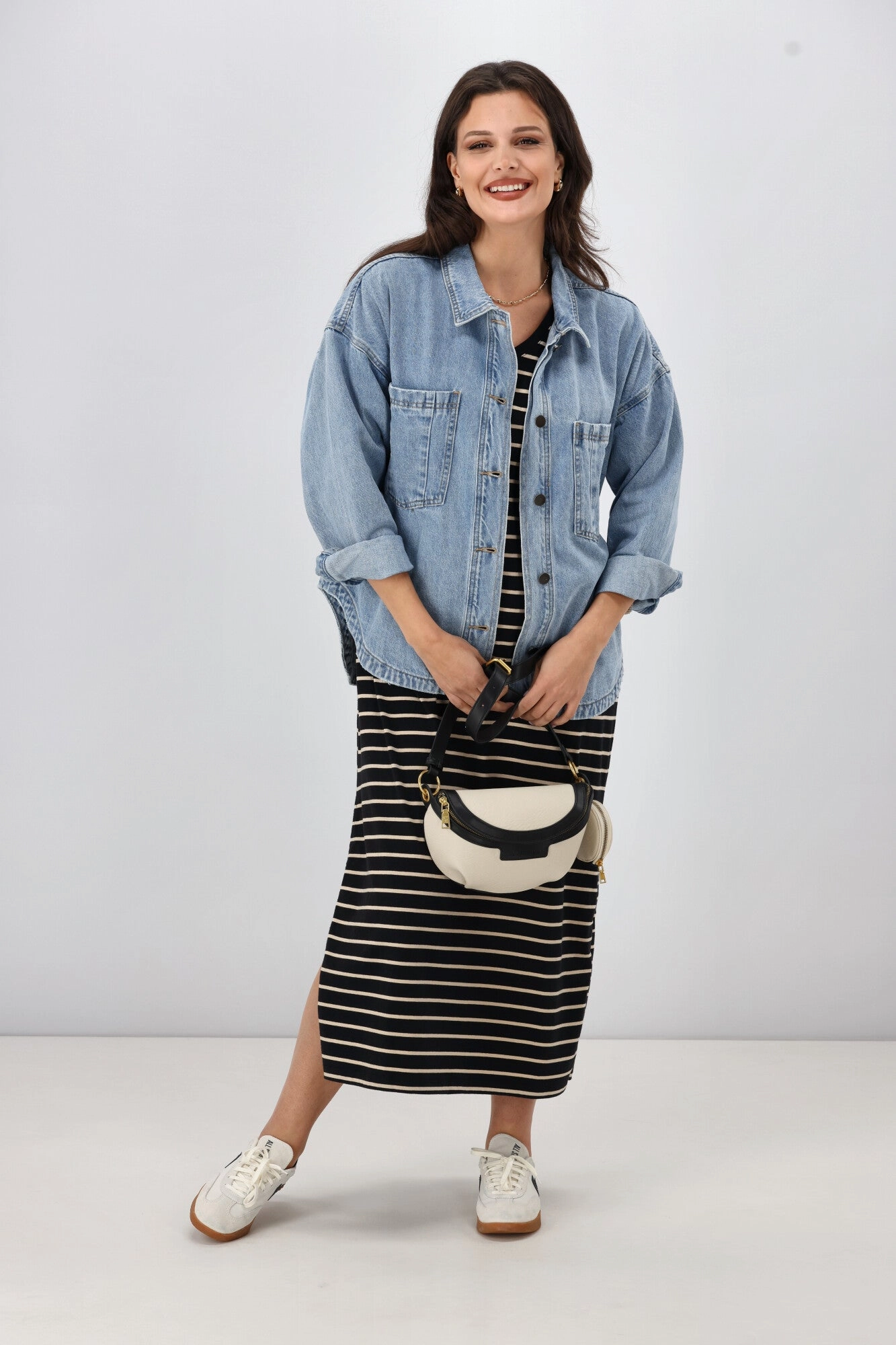 Relaxed Comfort Look Shine On Essentials Relaxed Stripe Tee Dress Black and Natural Stripe