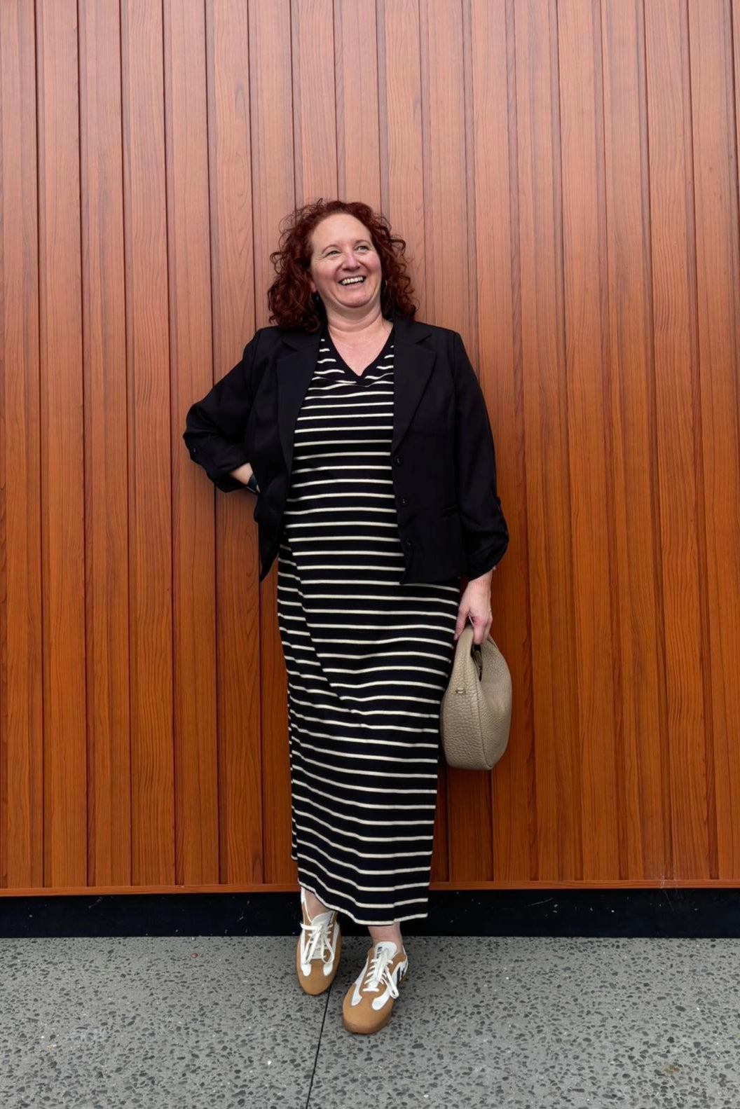 Shine On Essentials Relaxed Stripe Tee Dress Black and Natural Stripe Sleek Stretch Fit Breathable Waistband