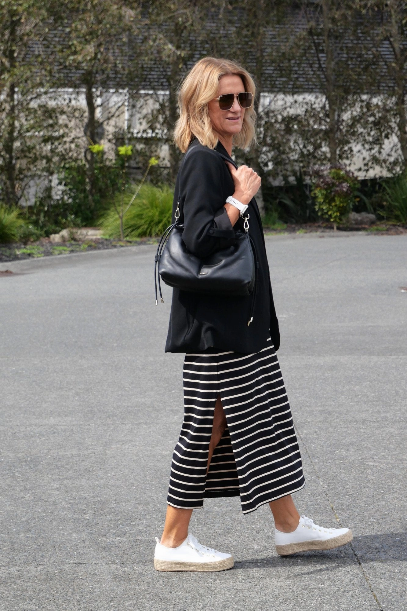 Effortless Comfort Non Iron Finish Shine On Essentials Relaxed Stripe Tee Dress Black and Natural Stripe