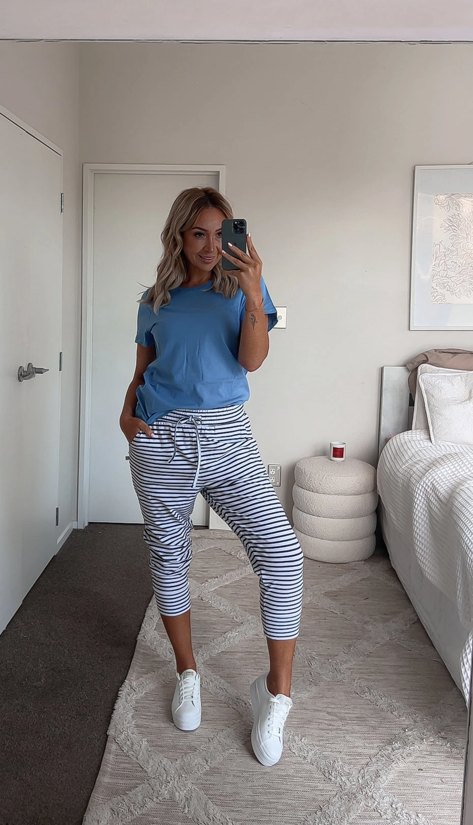 Shine On Essentials Stripe Pant White Black Stripe Stretchy Waist Versatile Activewear