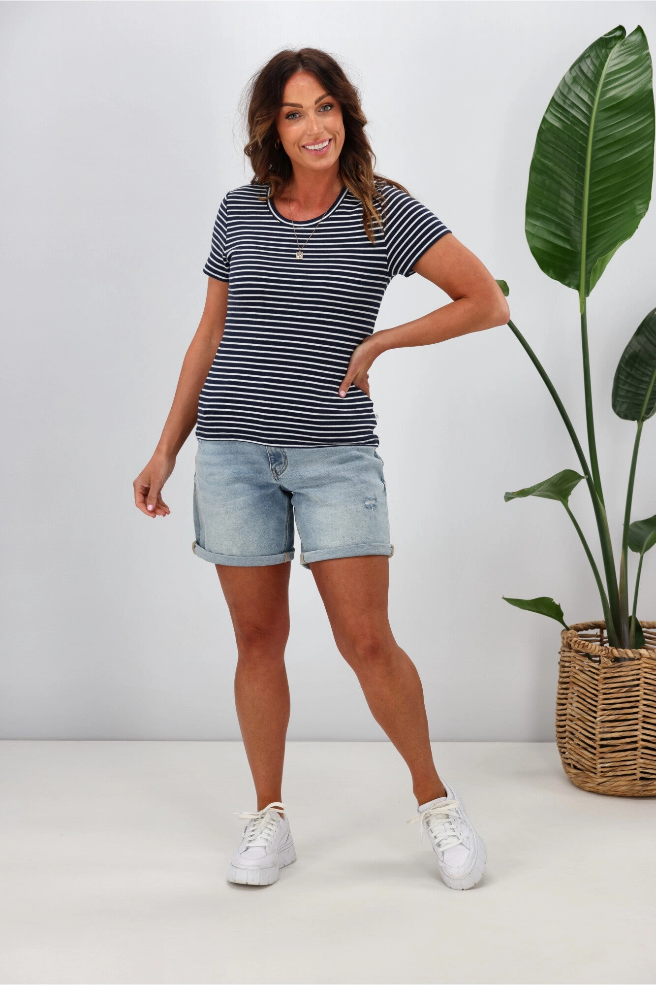 Shine On Essentials Stripe Rib Tee Navy White Stripe Regular Fit