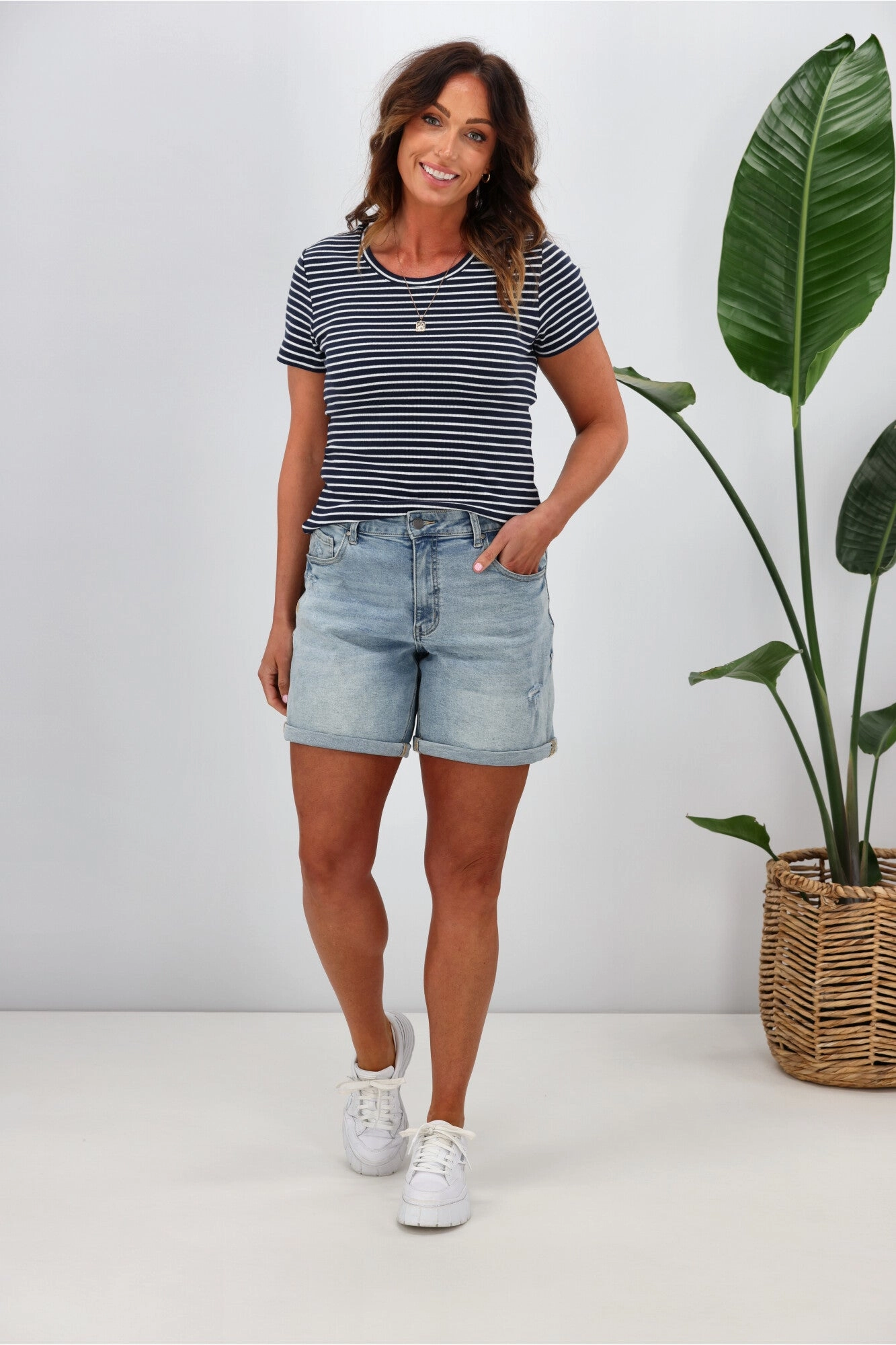 Casual Performance Fit Shine On Essentials Stripe Rib Tee Navy White Stripe