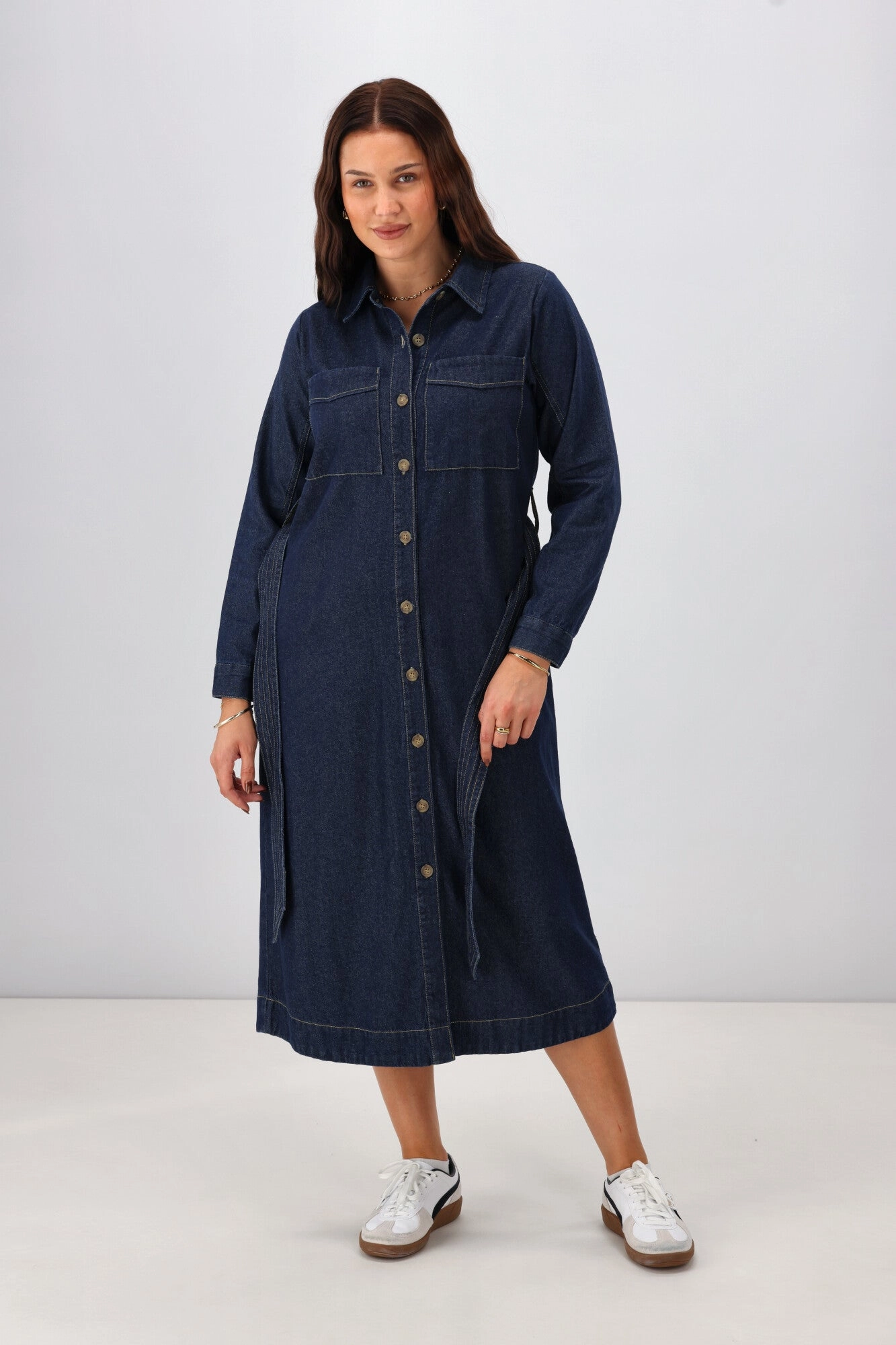 Street Mood Feminine Structure Shine On Label Alvina Denim LS Shirt Dress Dark Indigo