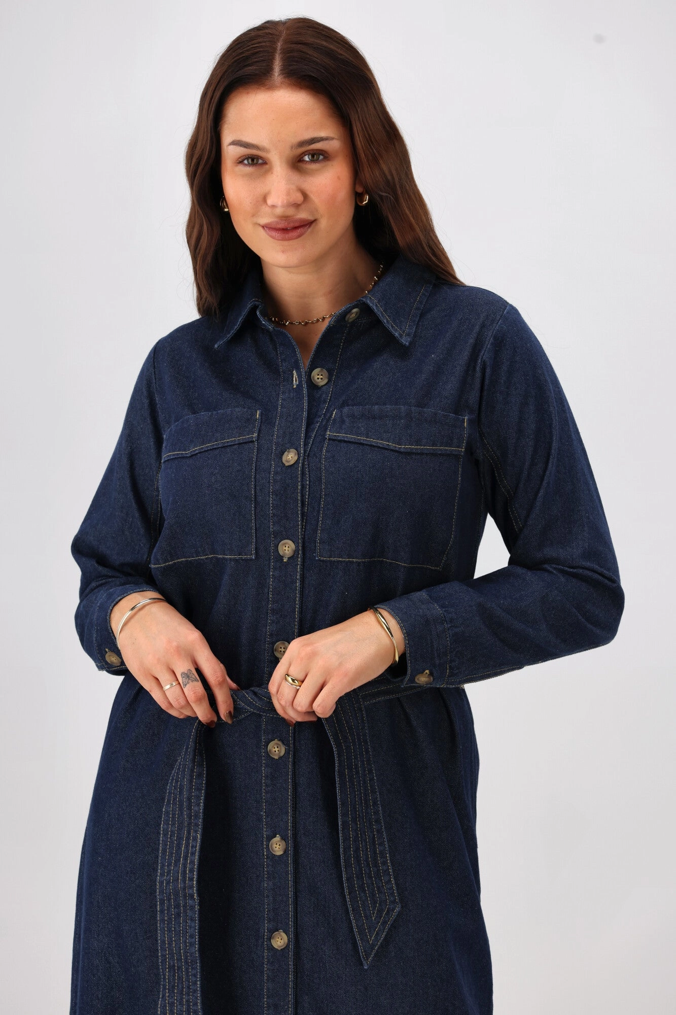 Bold Touch All Daywear Shine On Label Alvina Denim LS Shirt Dress Dark Indigo