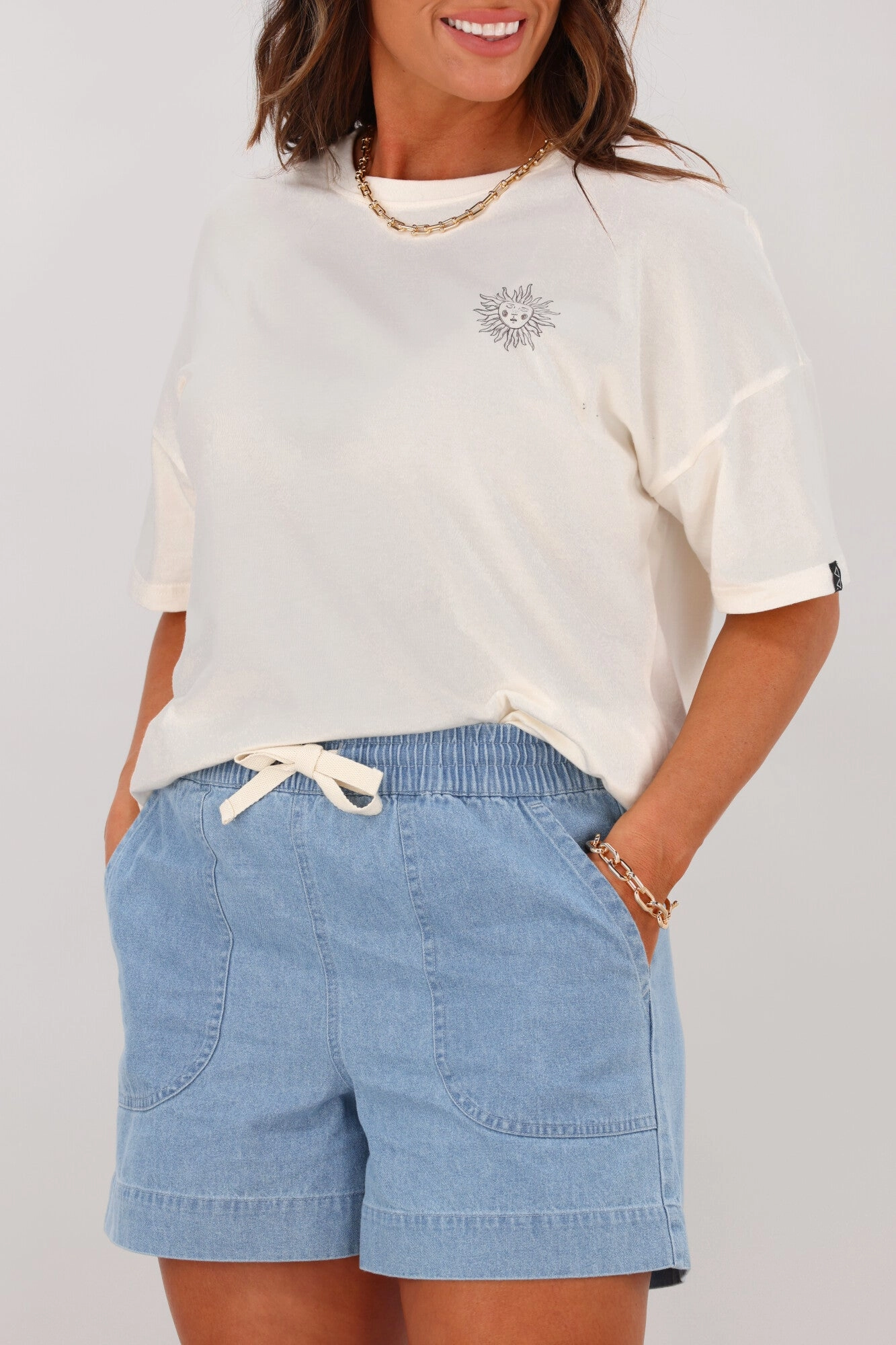 Shine On Label Anderson Chambray Elastic Waist Shorts Active Performance