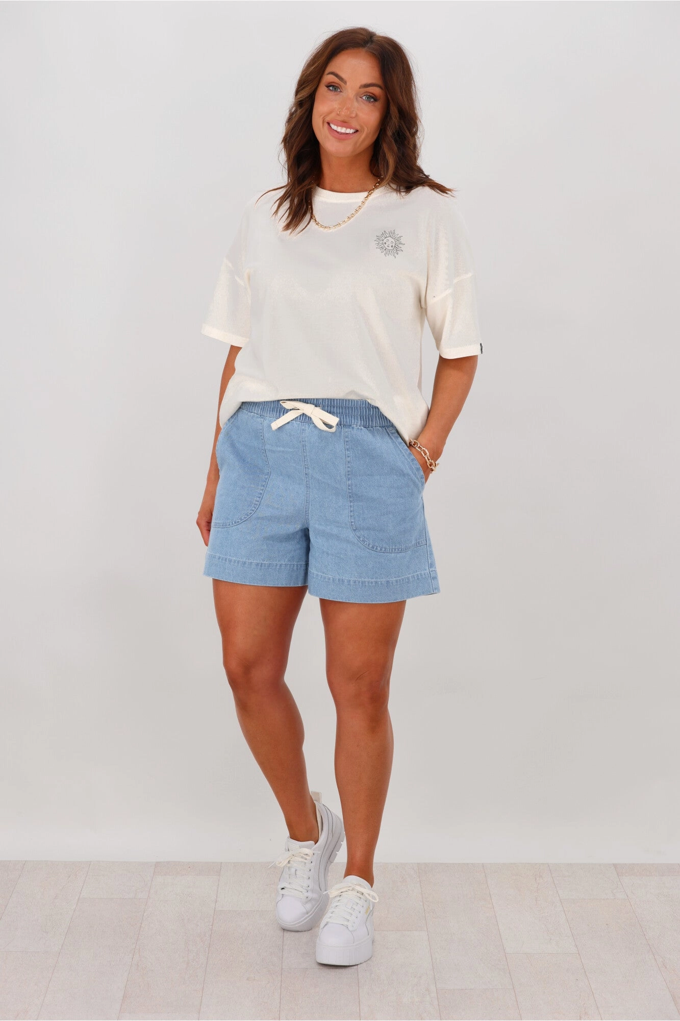 ReflectiveAccents Shine On Label Anderson Chambray Elastic Waist Shorts
