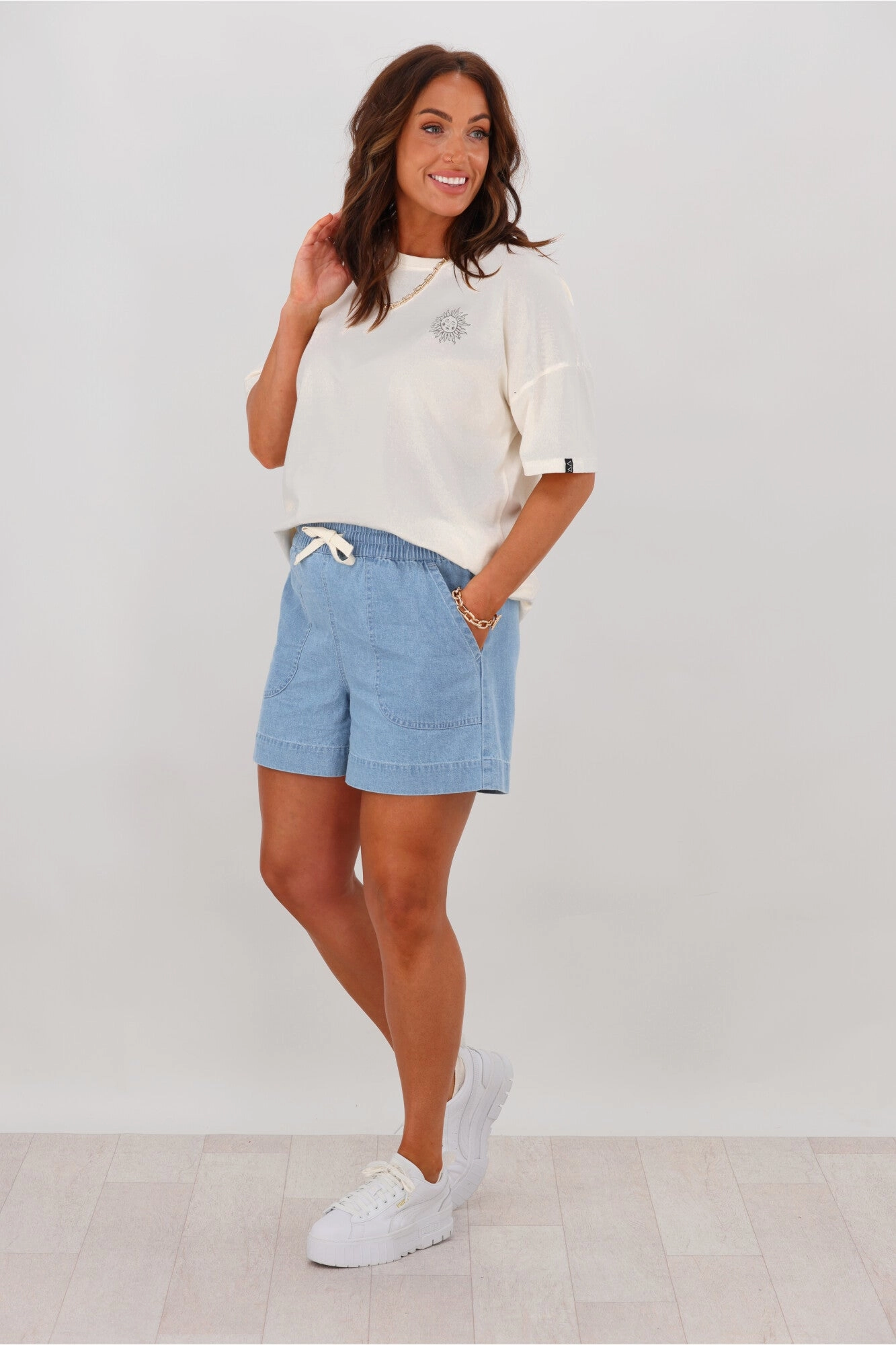 Shine On Label Anderson Chambray Elastic Waist Shorts No Ride Up Silicone Grip