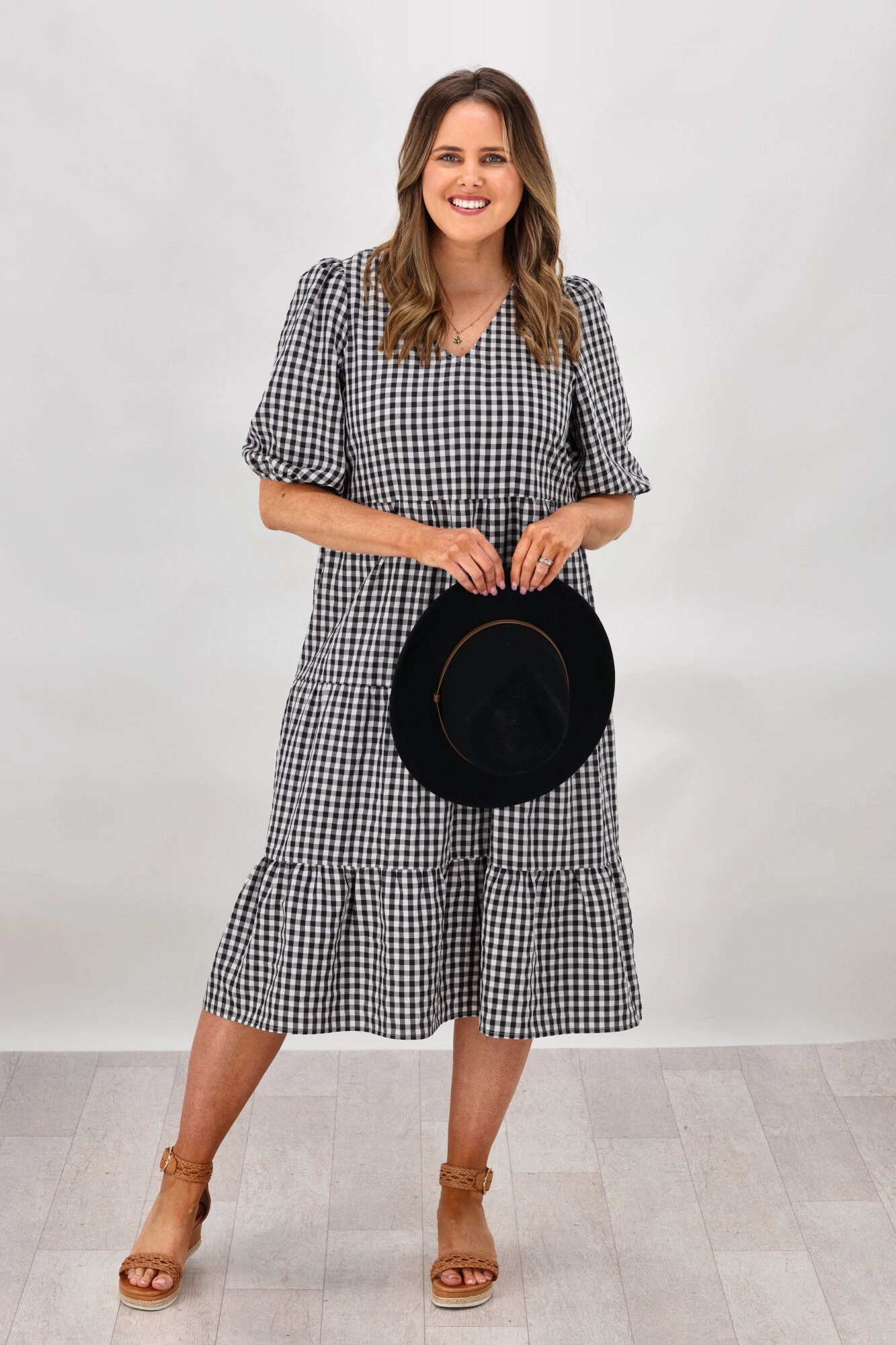 Gentle Glow Shine On Label Dahlia Gingham Tiered Midi Dress Black/White