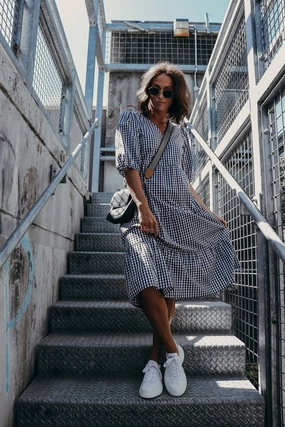 Shine On Label Dahlia Gingham Tiered Midi Dress Black/White Clean Finish