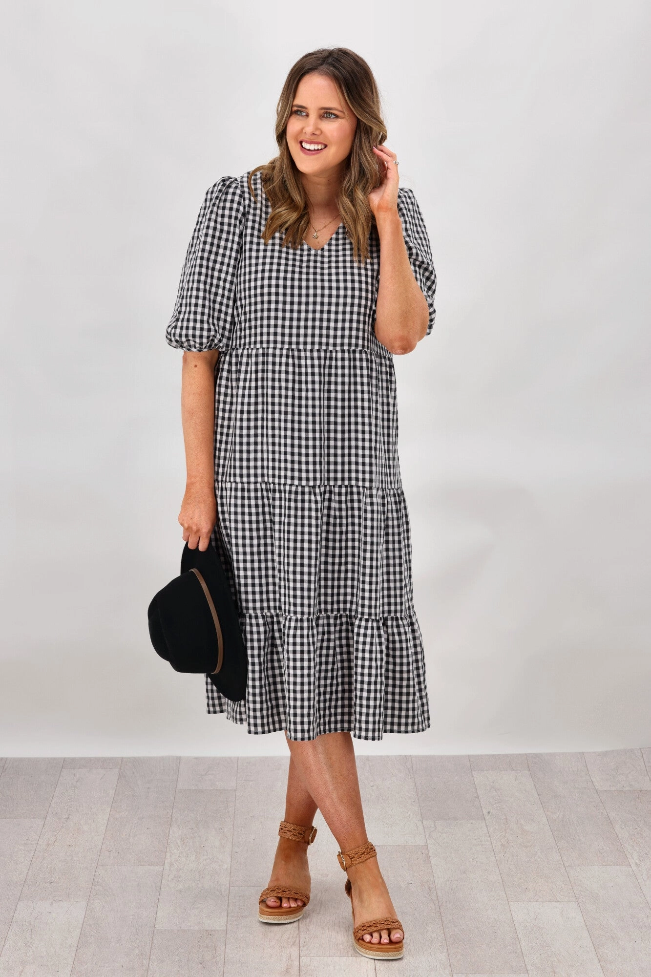 Light Rhythm Shine On Label Dahlia Gingham Tiered Midi Dress Black/White