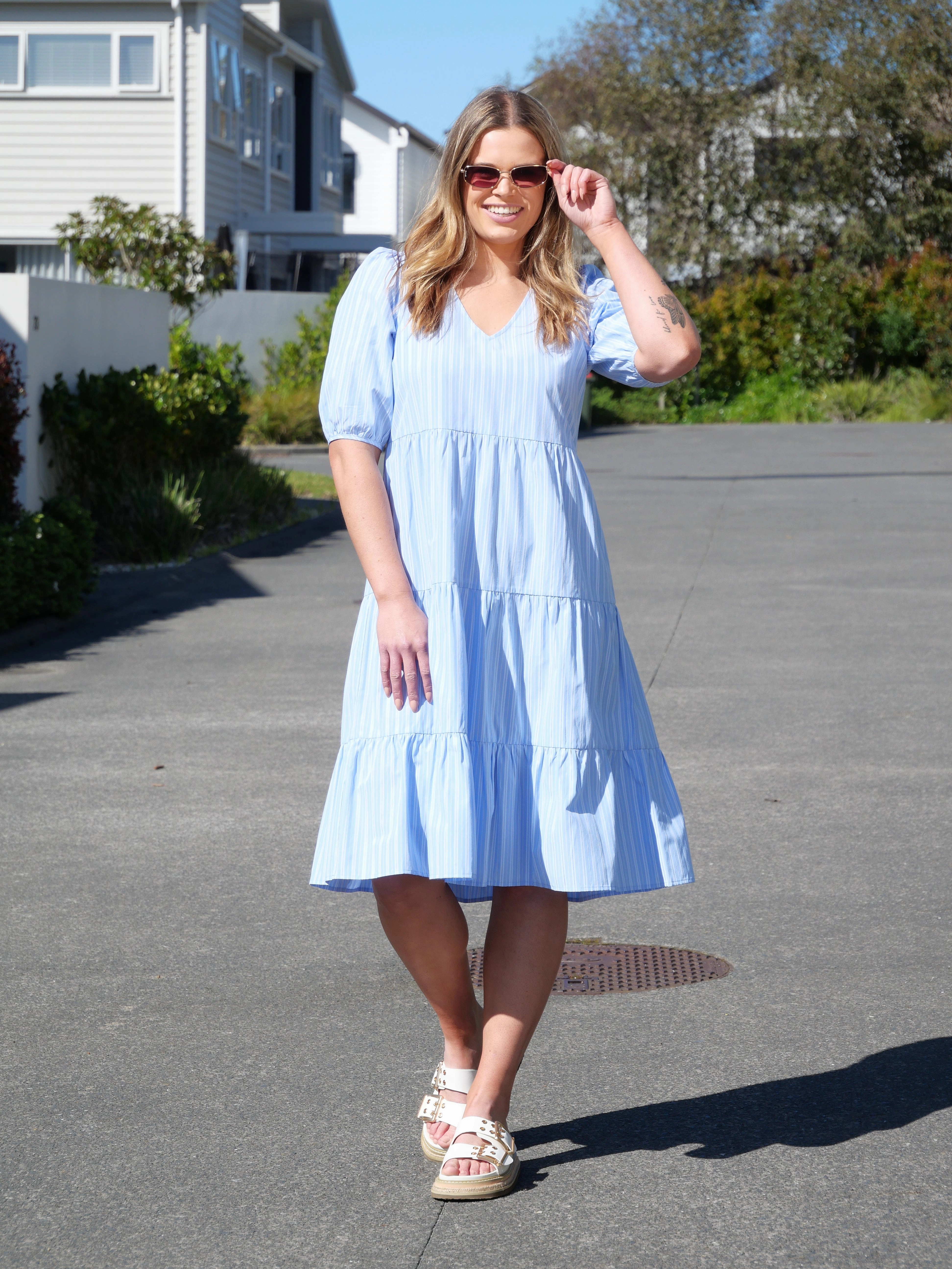 Shine On Label Dahlia Tiered Midi Dress Blue Stripe Sporty Look Dropped-Waist