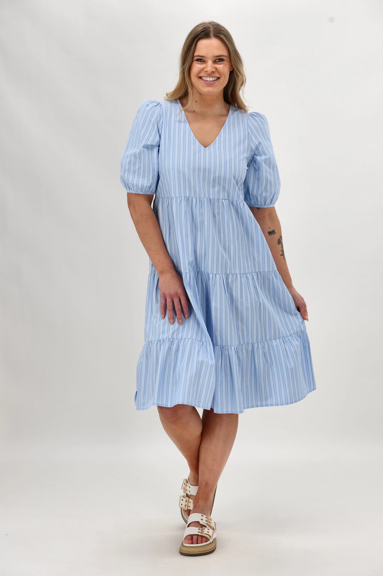Shine On Label Dahlia Tiered Midi Dress Blue Stripe Social Charm Fall Go