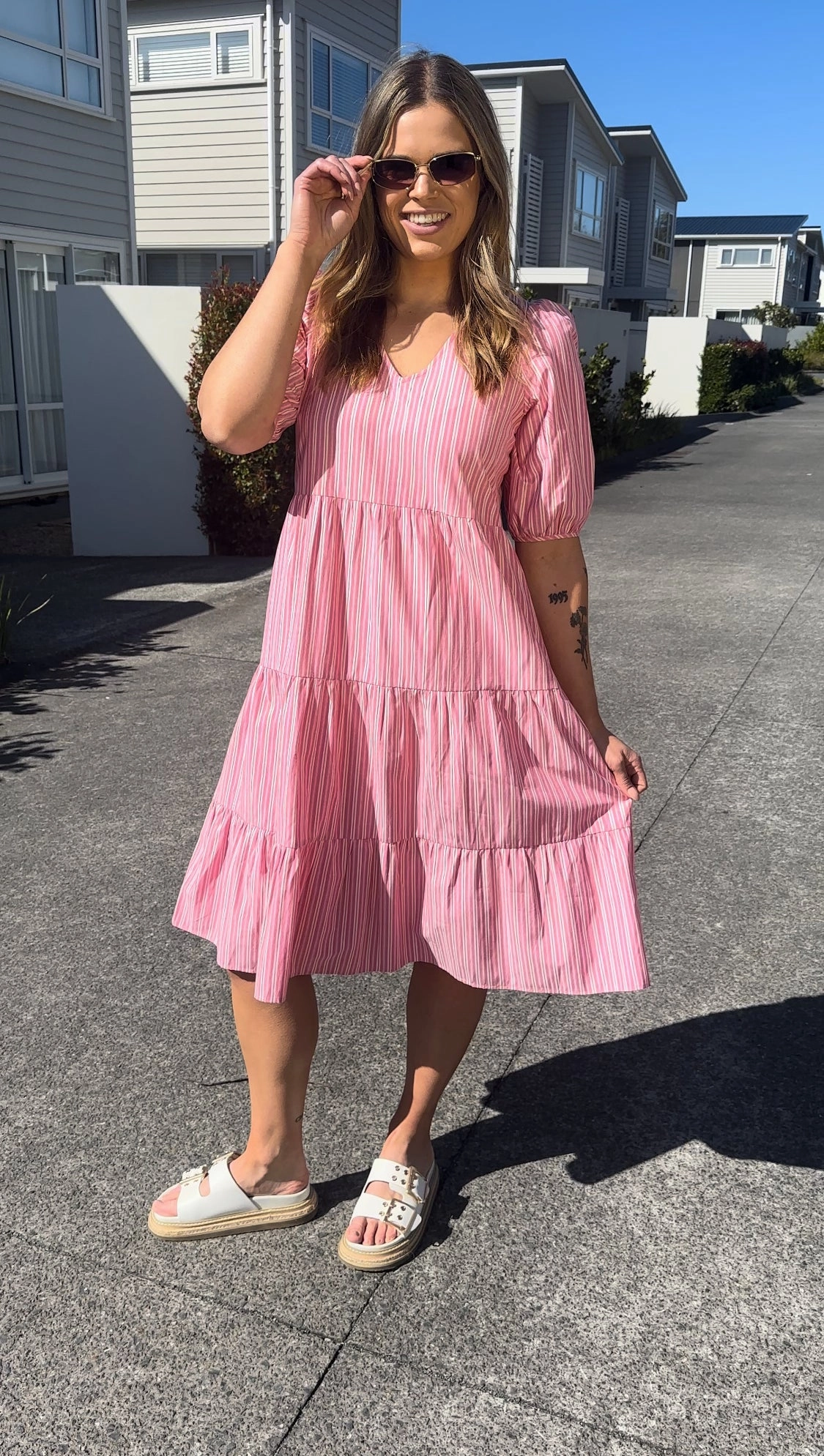 Shine On Label Dahlia Tiered Midi Dress Pink Stripe Street Edge Street Elegance