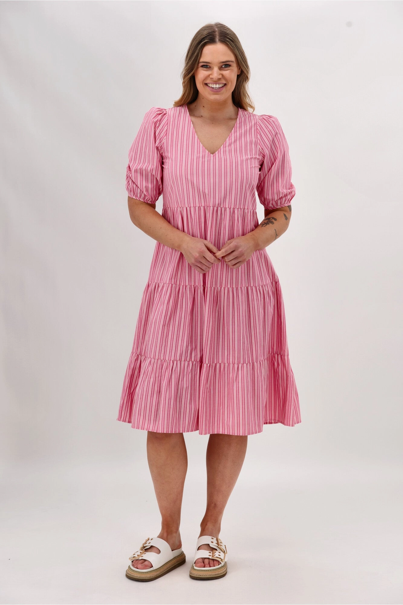 Shine On Label Dahlia Tiered Midi Dress Pink Stripe Red-Carpet Playful Twist