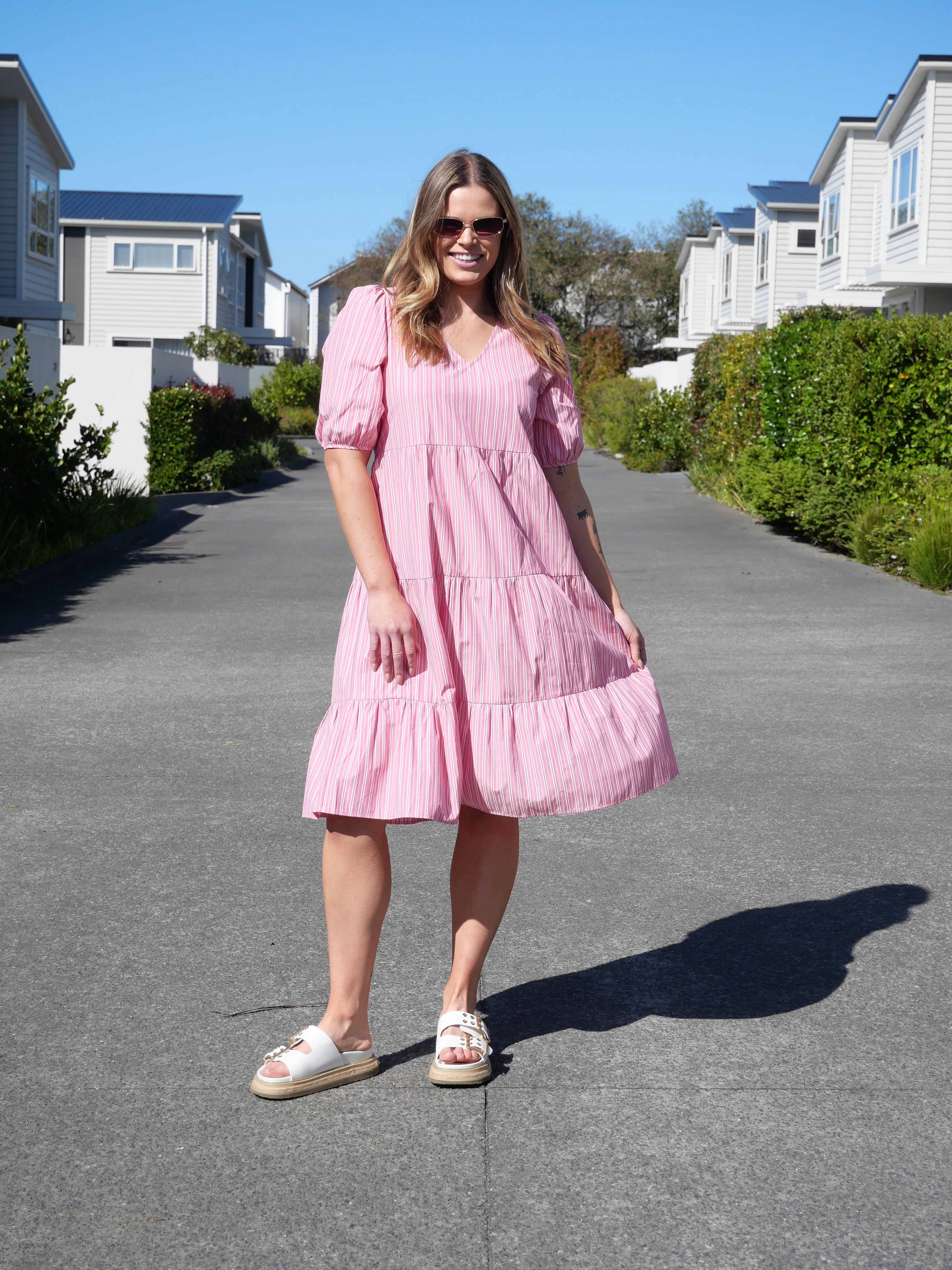 Elegant Waist Fit Shine On Label Dahlia Tiered Midi Dress Pink Stripe