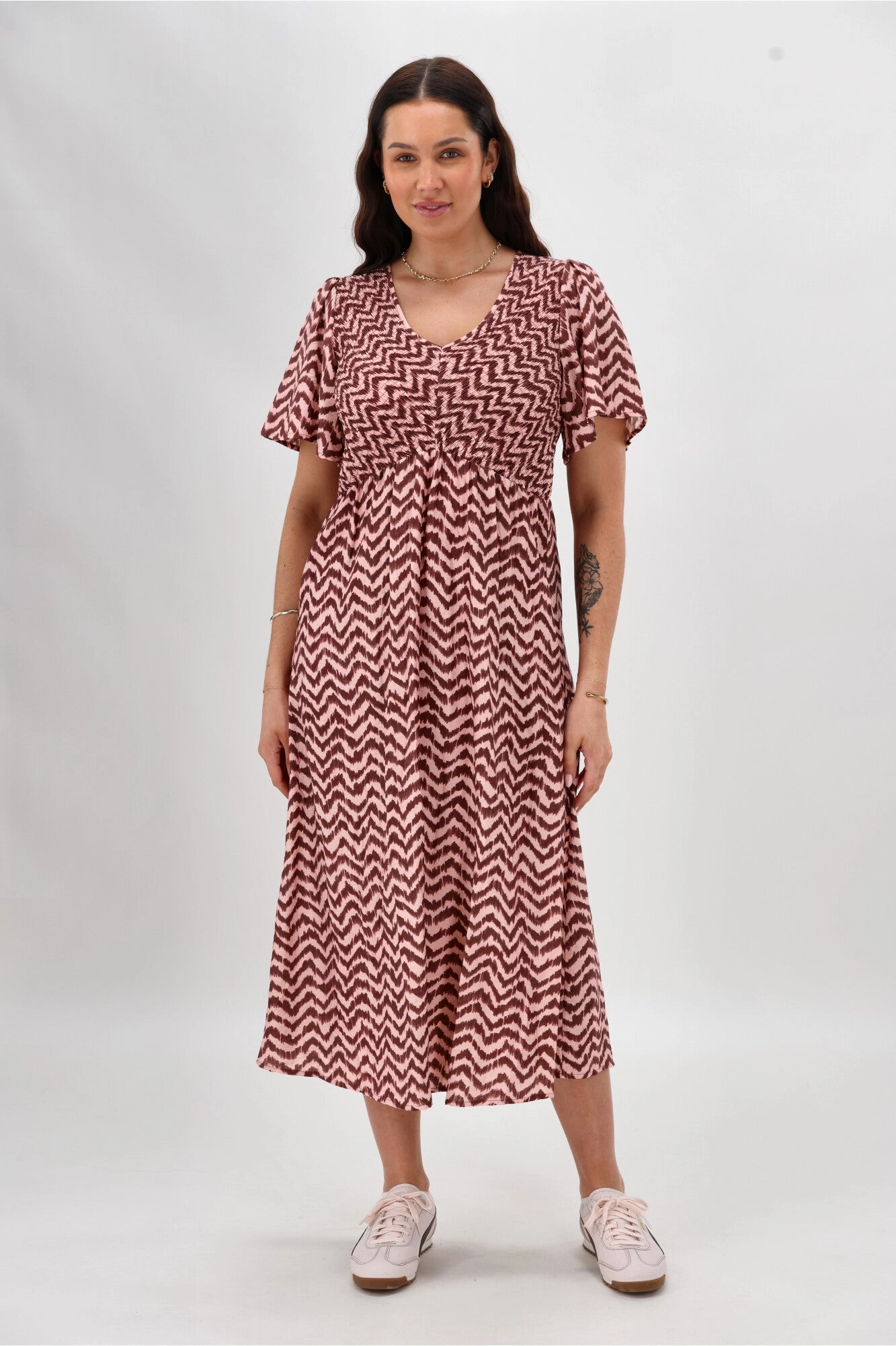 Cozy And Stylish Shine On Label Dorothy Angle Shirred Midi Dress Zig Zag