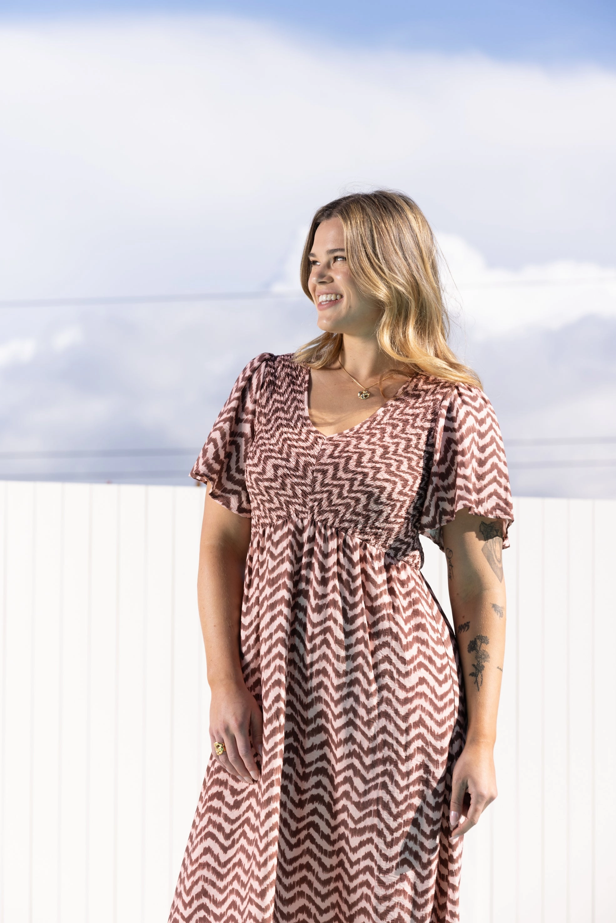 Shine On Label Dorothy Angle Shirred Midi Dress Zig Zag Removable-Straps Capsule-Wardrobe