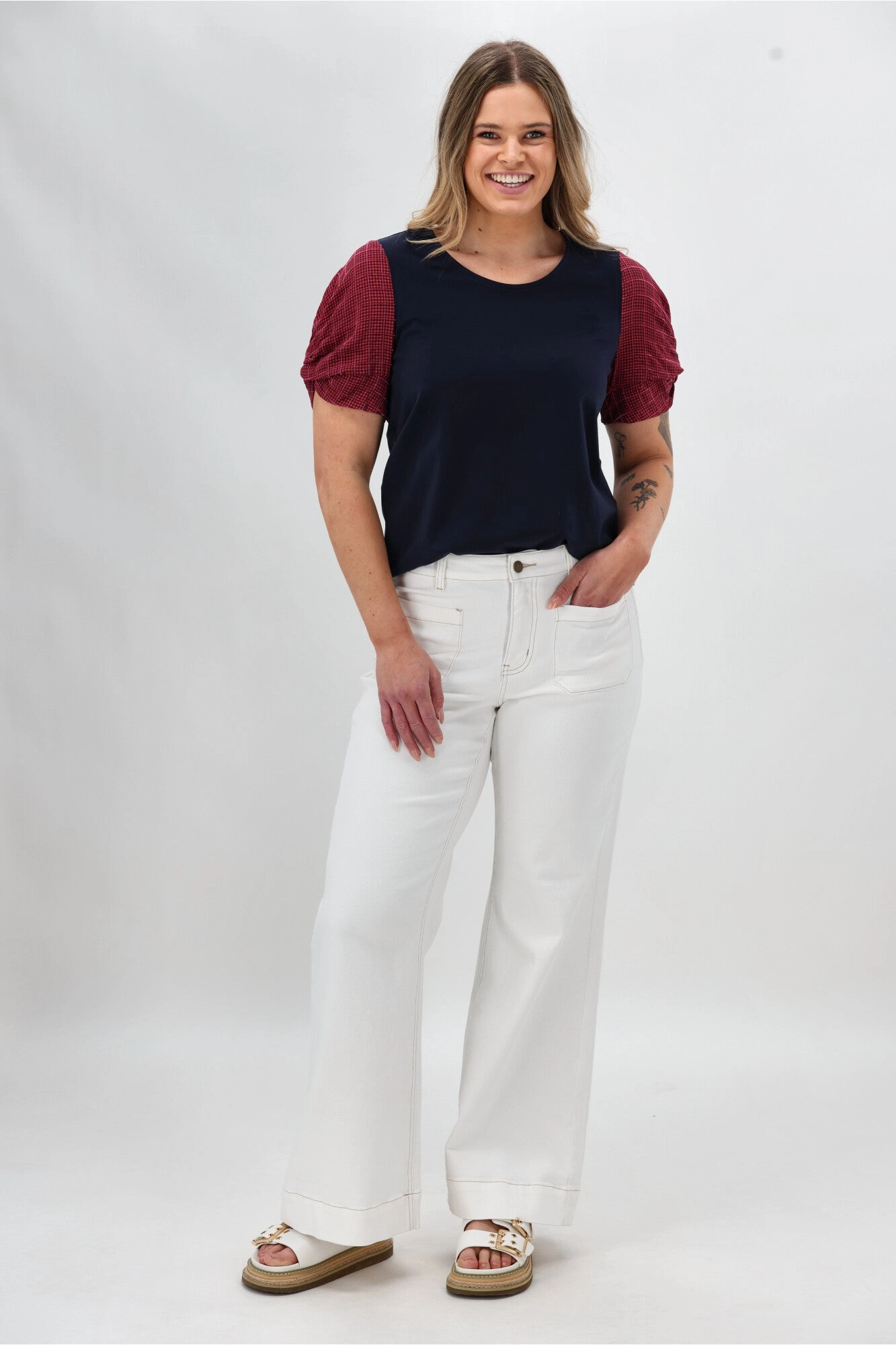 Shine On Label Garan Spliced Knit Tee with Woven Check Sleeve Navy Pink Light and Comfortable City Smart Look