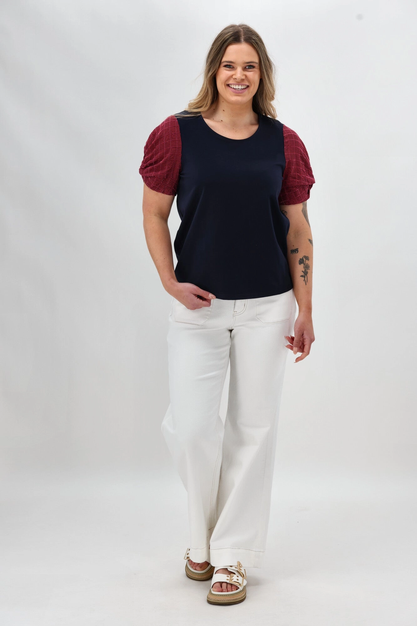 Luxury exclusivity Timeless Style Shine On Label Garan Spliced Knit Tee with Woven Check Sleeve Navy Pink