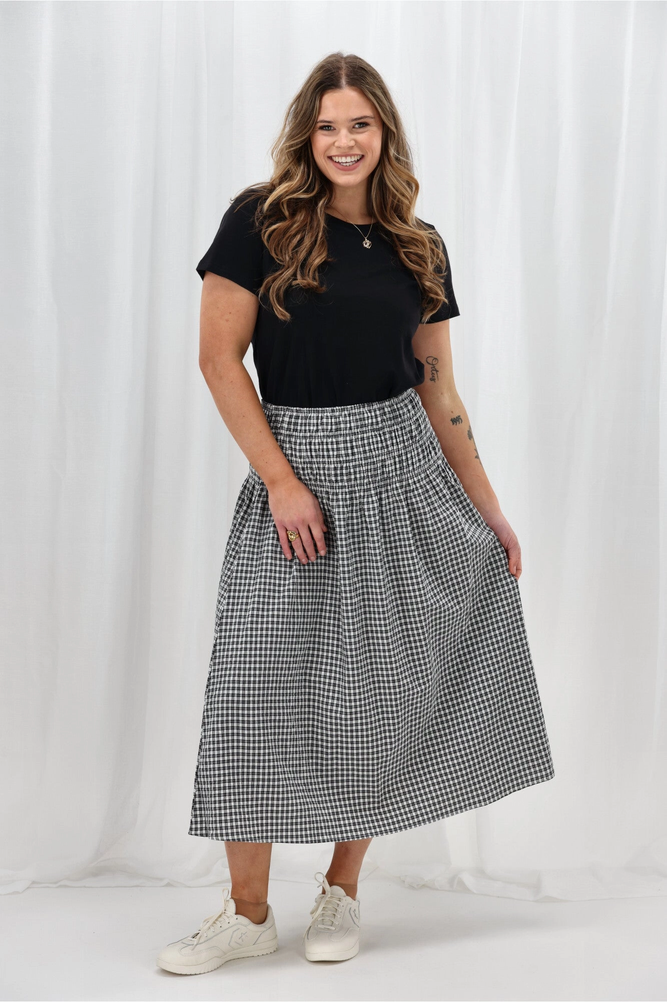 Shine On Label Haylene Shirred Waist Skirt Black Gingham Light Wear