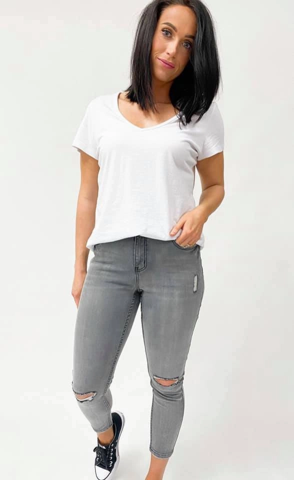 Shine On Label Jagger Cropped Slim Leg Jean Washed Charcoal Soft and Stretchy Luxury Choice Body Shaping