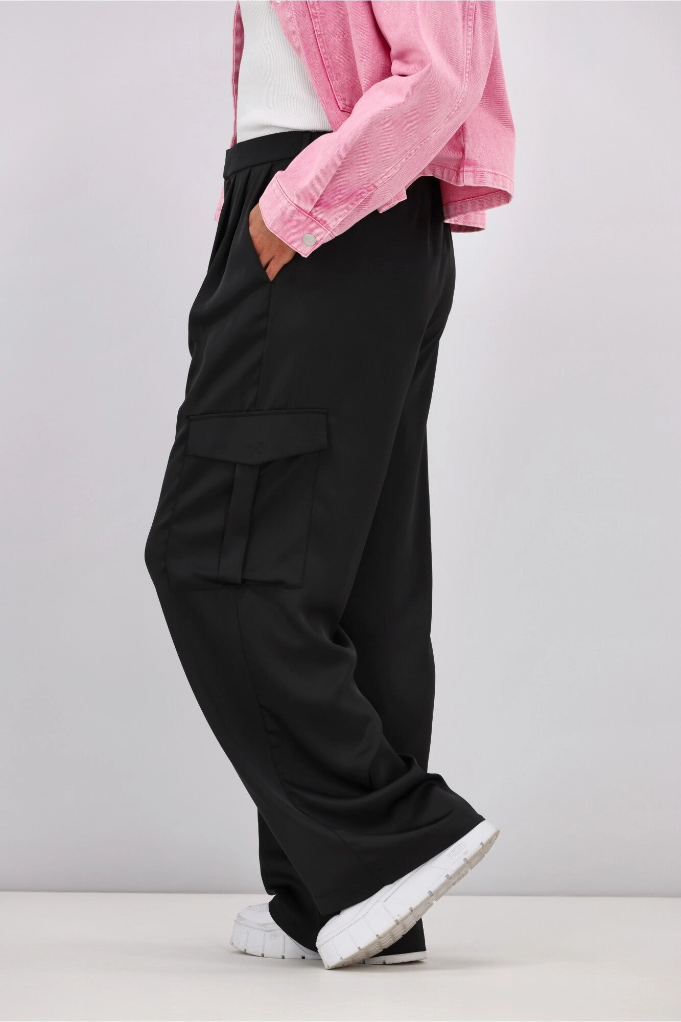 Shine On Label Julio Satin Cargo Pants Black Four Way Daily Routine Relaxed Comfort Fit