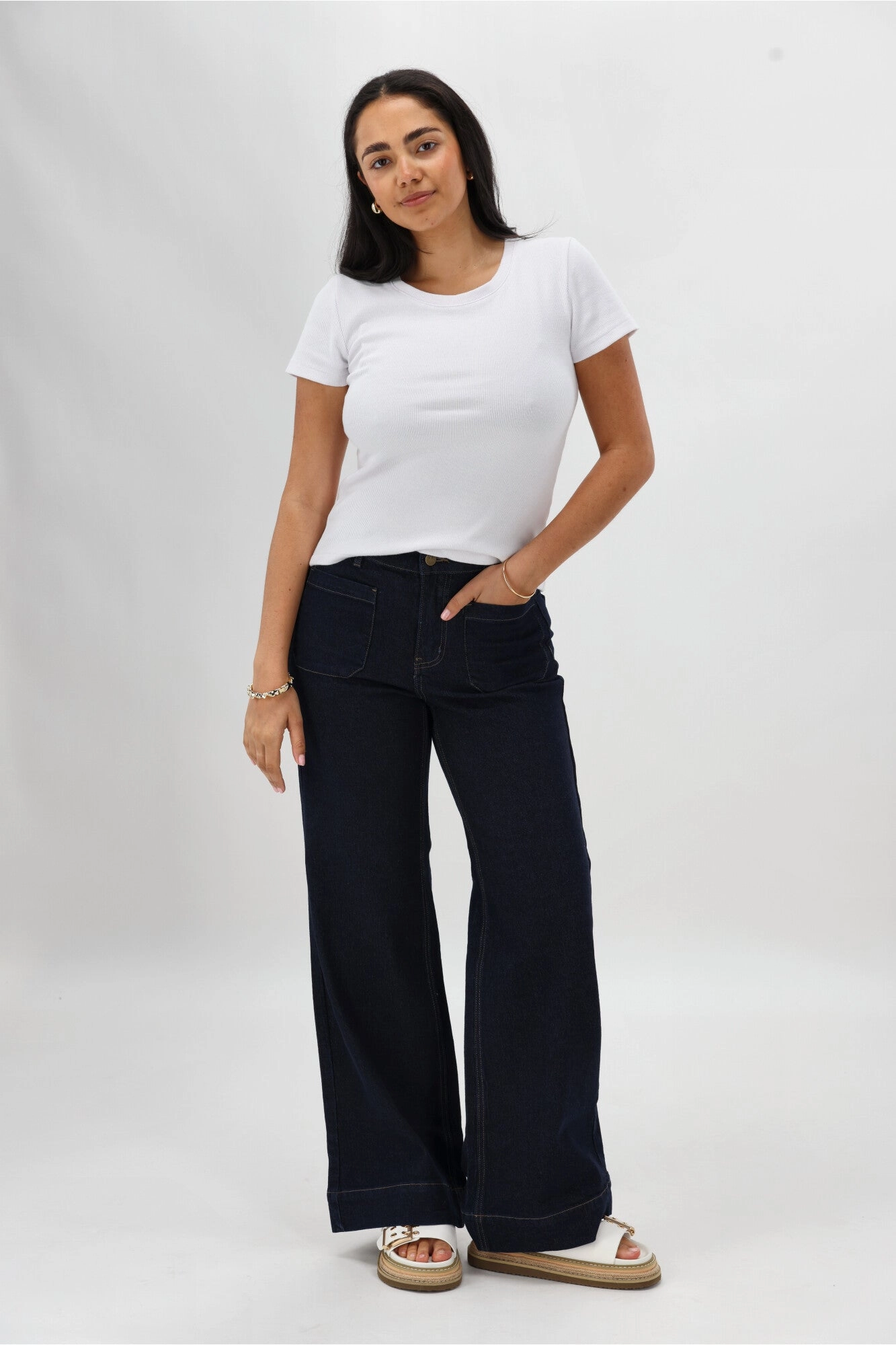 Quick Dry Casual Wearer Shine On Label Kazniah Patch Pocket Wide Leg Jean Dark Indigo