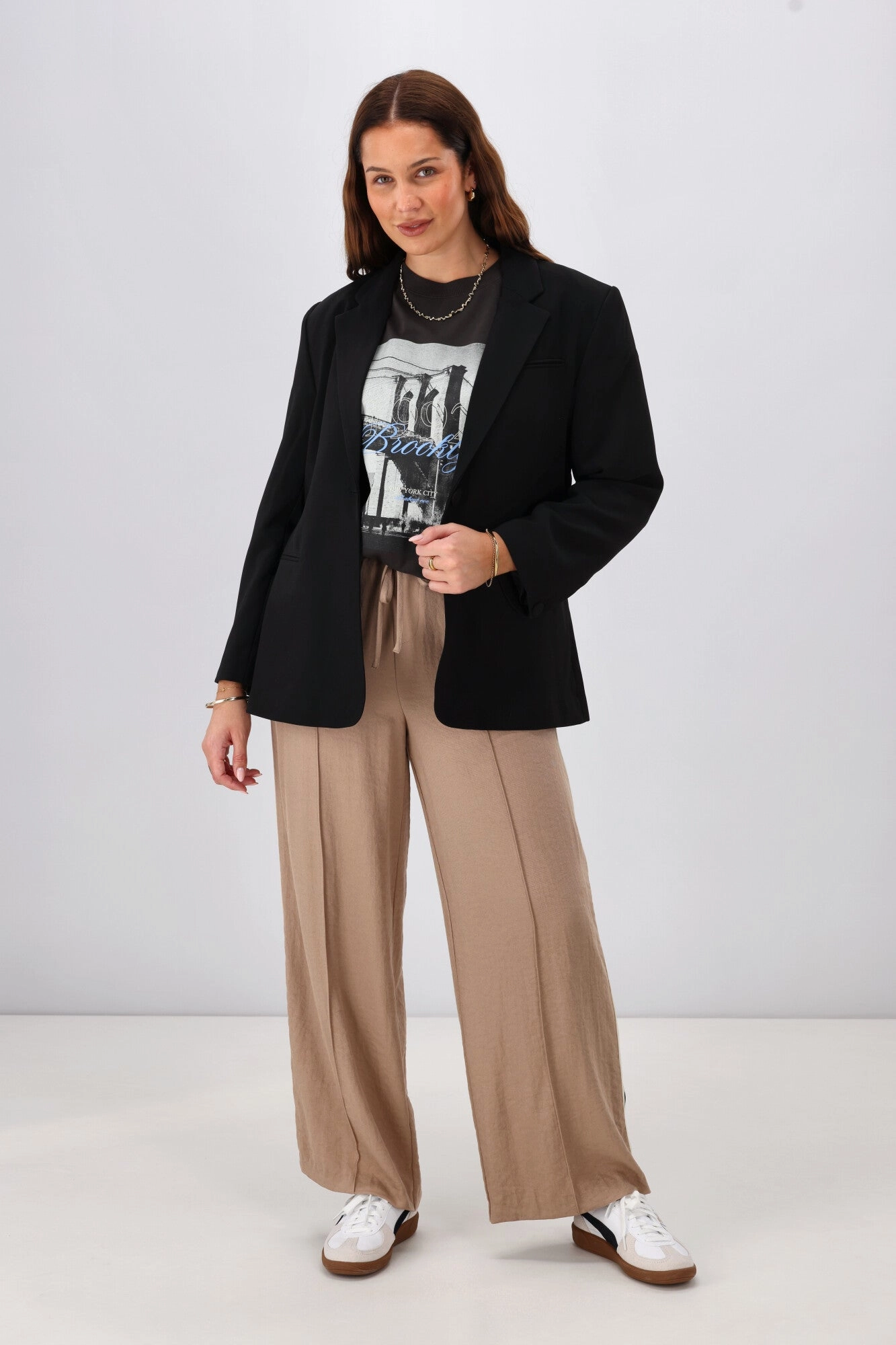 Shine On Label Keely Wide Leg Pant with Stripe Tape Camel Breathable Fabric Maternity Wear Ergonomic Fit