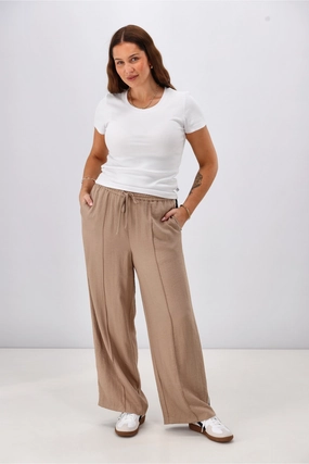 Shine On Label Keely Wide Leg Pant with Stripe Tape Camel Breathable Design