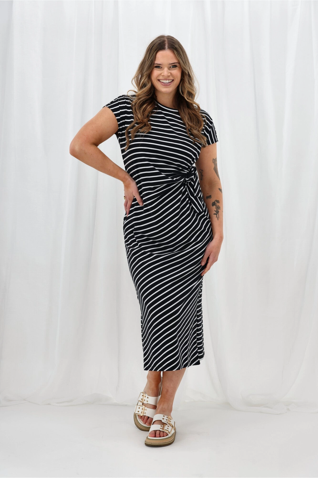 Shine On Label Lazaro Knotted Dress Black White Stripe Everyday Movement Date-Night