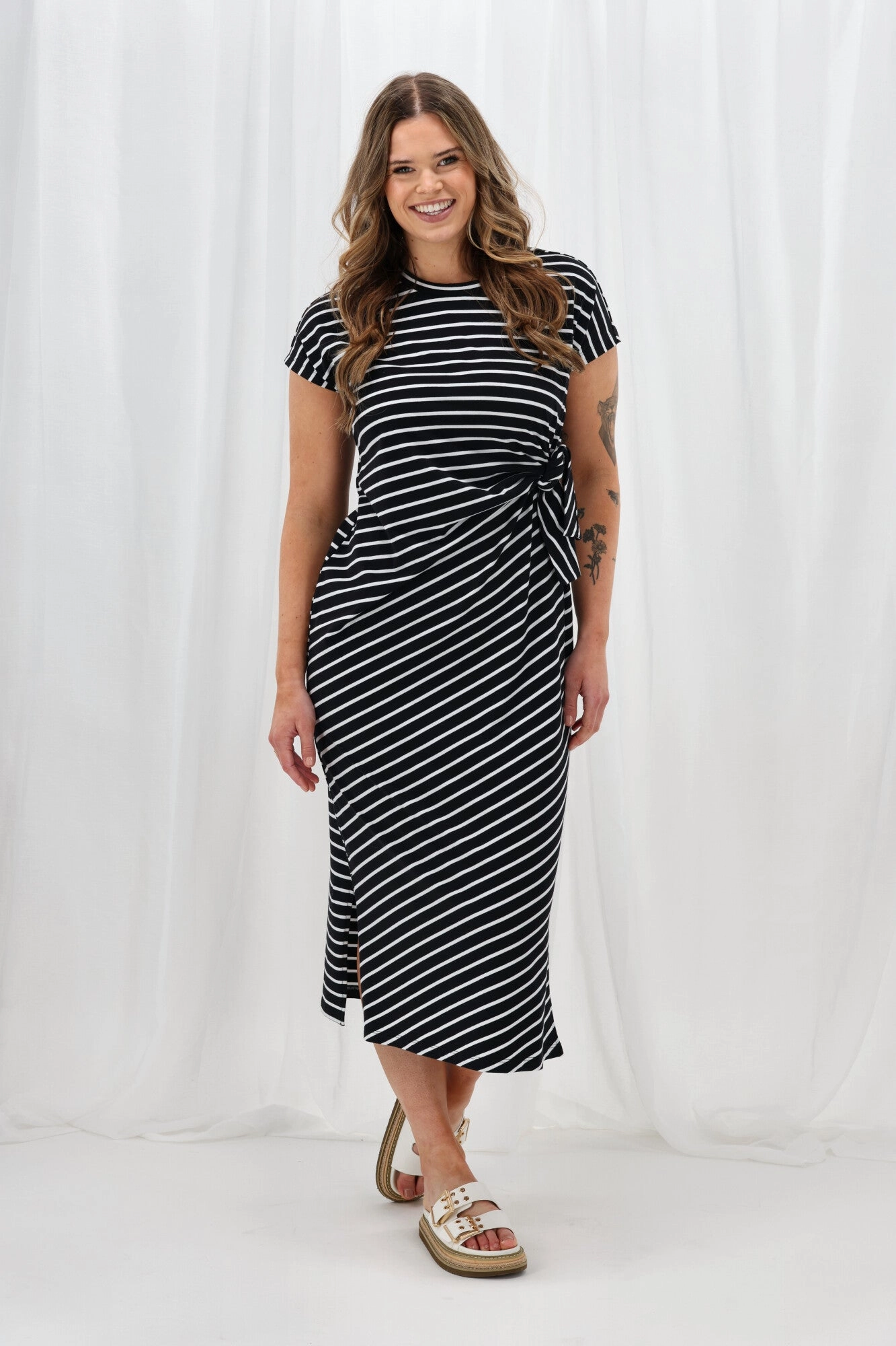 Flawless Waistband Fit Shine On Label Lazaro Knotted Dress Black White Stripe