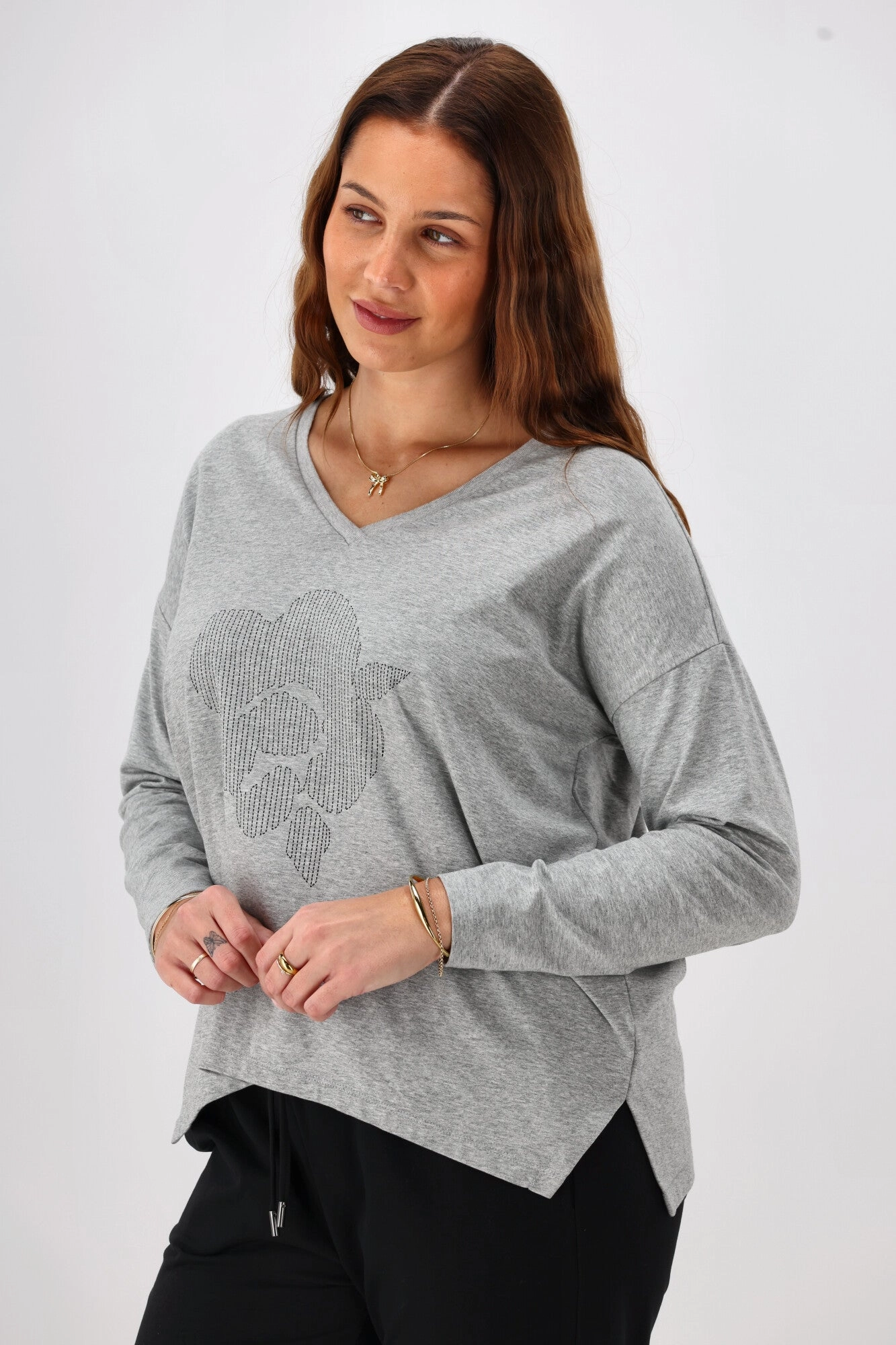 Shine On Label Leith Boxy Oversized V Neck Tee Grey Marle Stylish