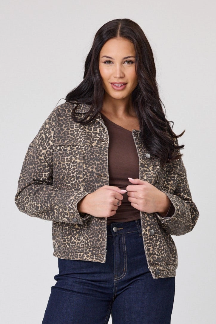 Versatile Layering Short Length Shine On Label Leon Leopard Print Denim Jacket