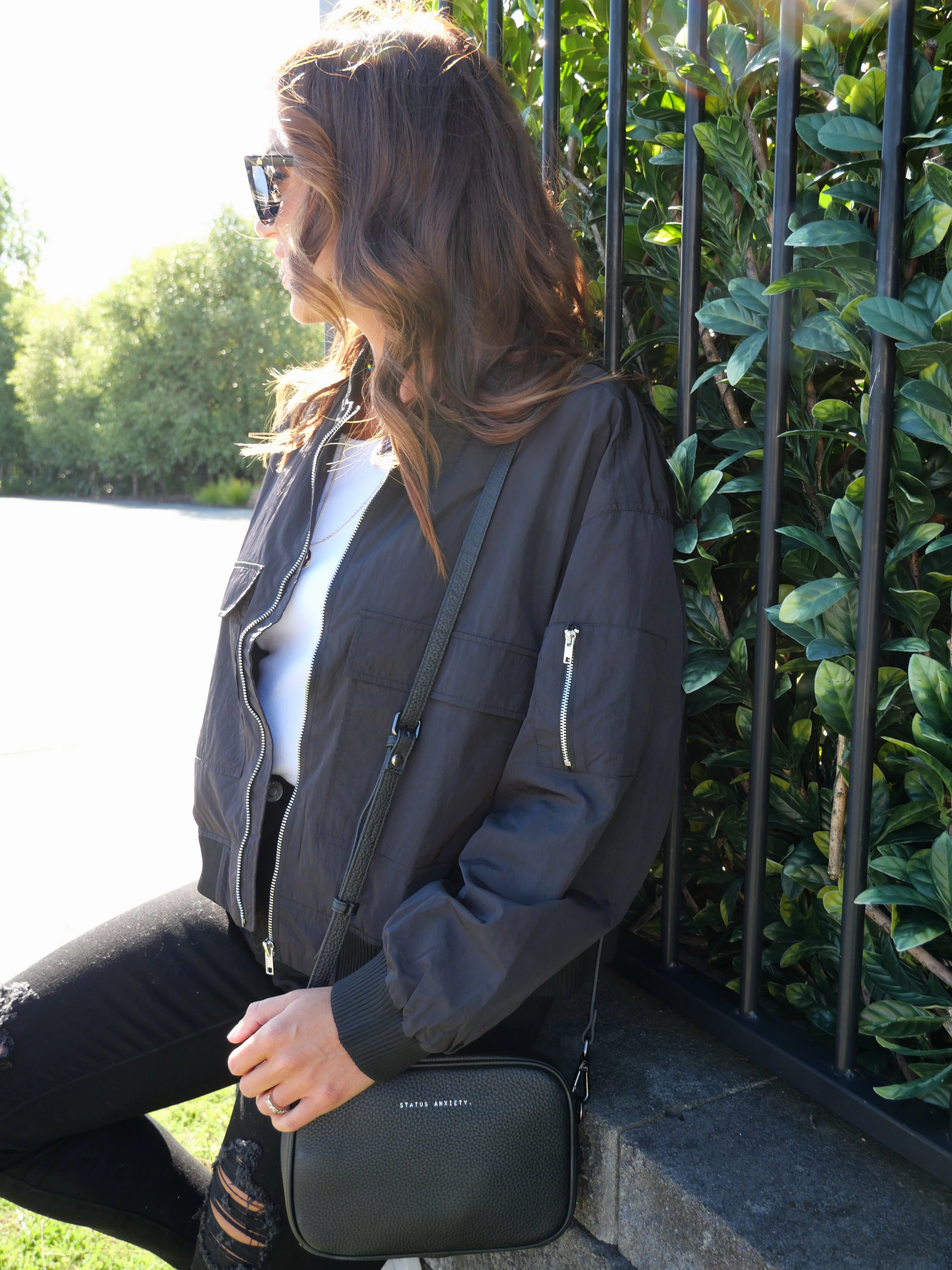 Shine On Label Melrose Utility Bomber Jacket Black Adjustable Hemline Quilted Pattern