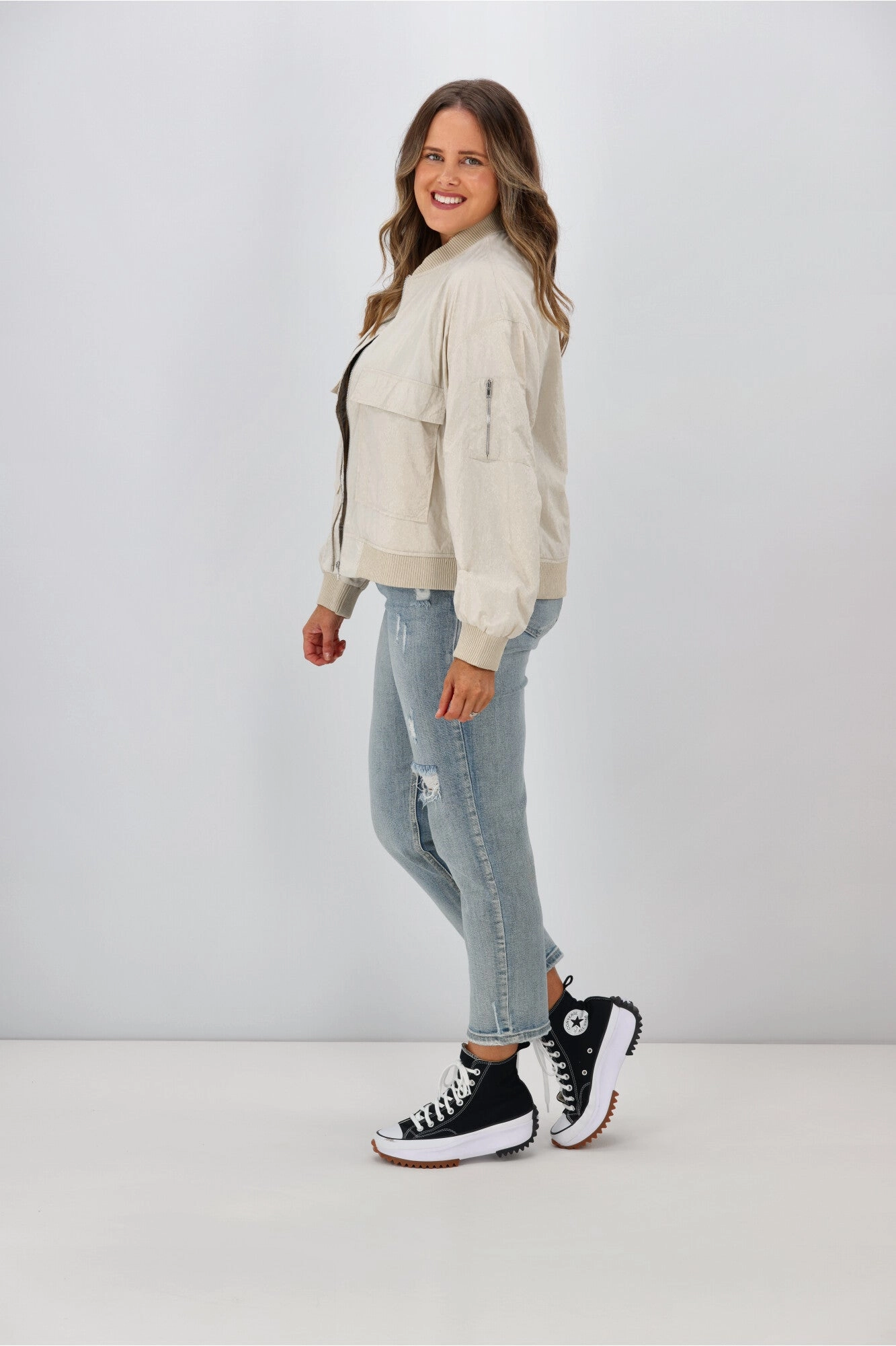 Anti Static Finish PocketPlacement Shine On Label Melrose Utility Bomber Jacket Stone