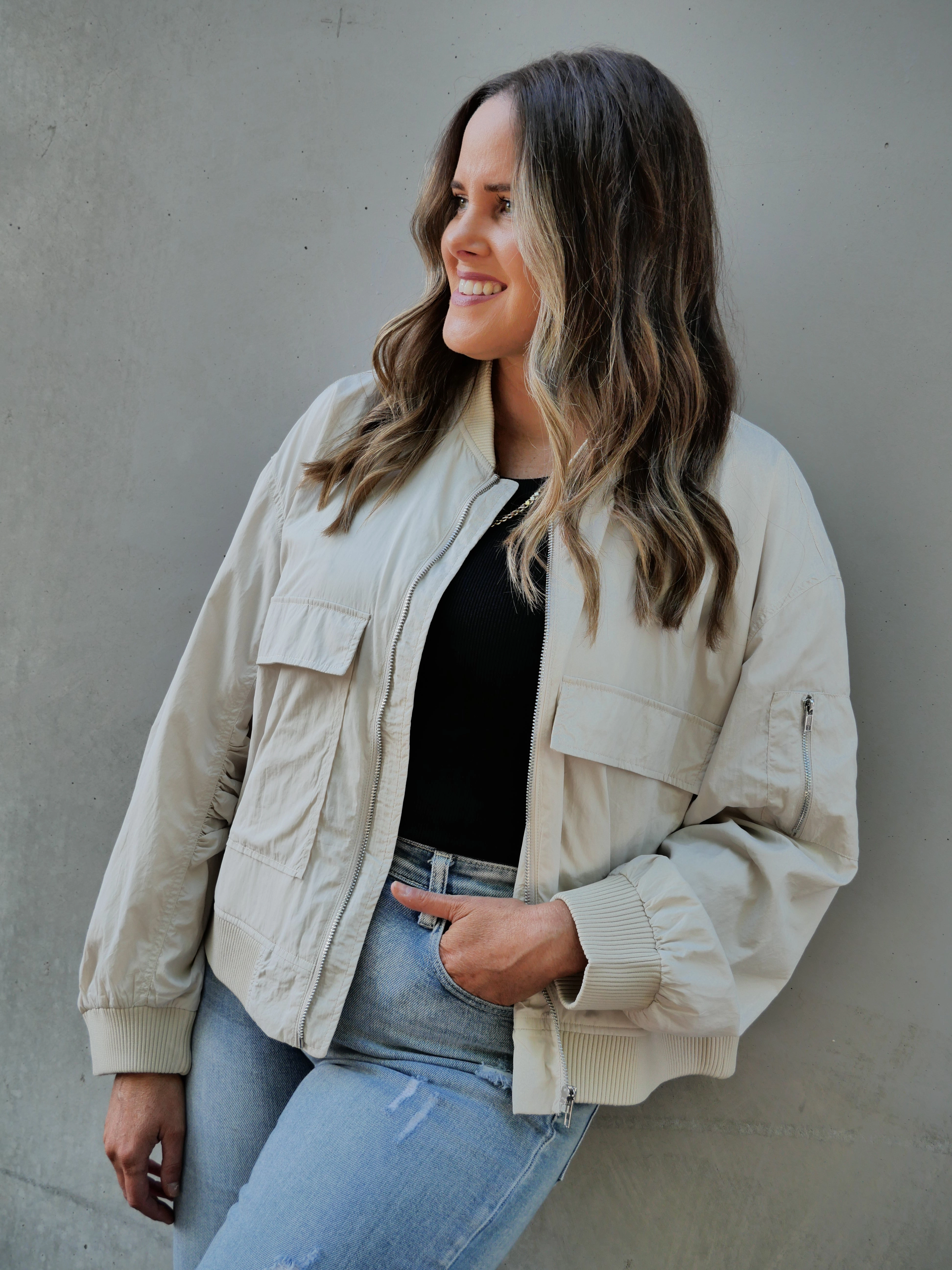 Shine On Label Melrose Utility Bomber Jacket Stone Magnetic Closure System