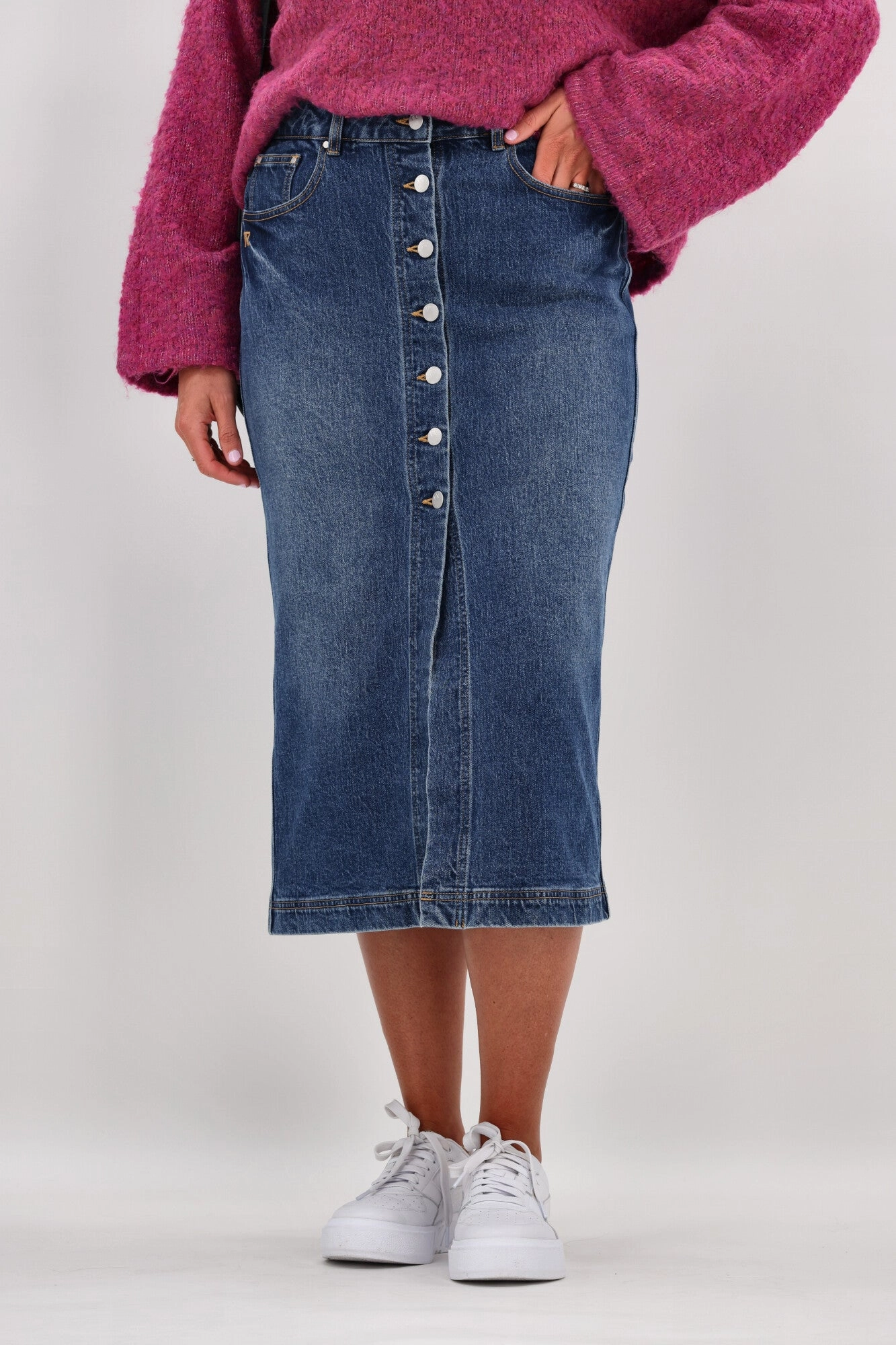 Shine On Label Nicolo Button Front Denim Midi Skirt Indigo Minimalist Style