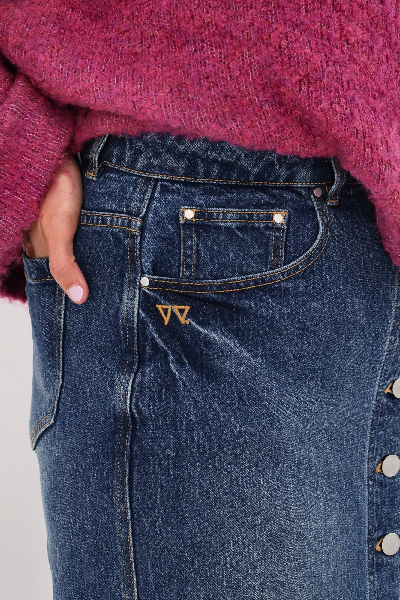 Cozy Tones Shine On Label Nicolo Button Front Denim Midi Skirt Indigo