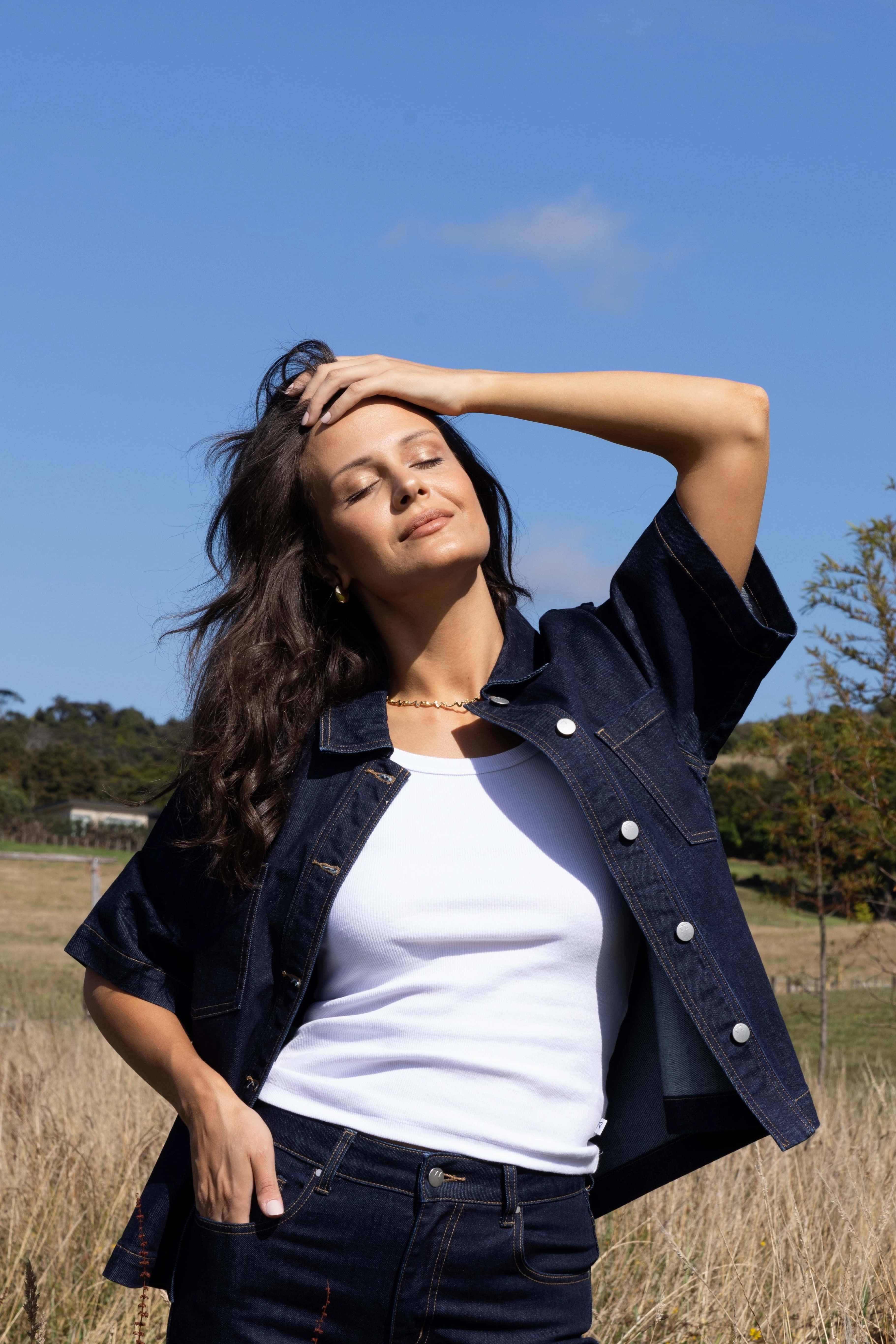 MultiLayerSystem Weekend Ready Look Shine On Label Nolan Short Sleeve Denim Shacket Indigo