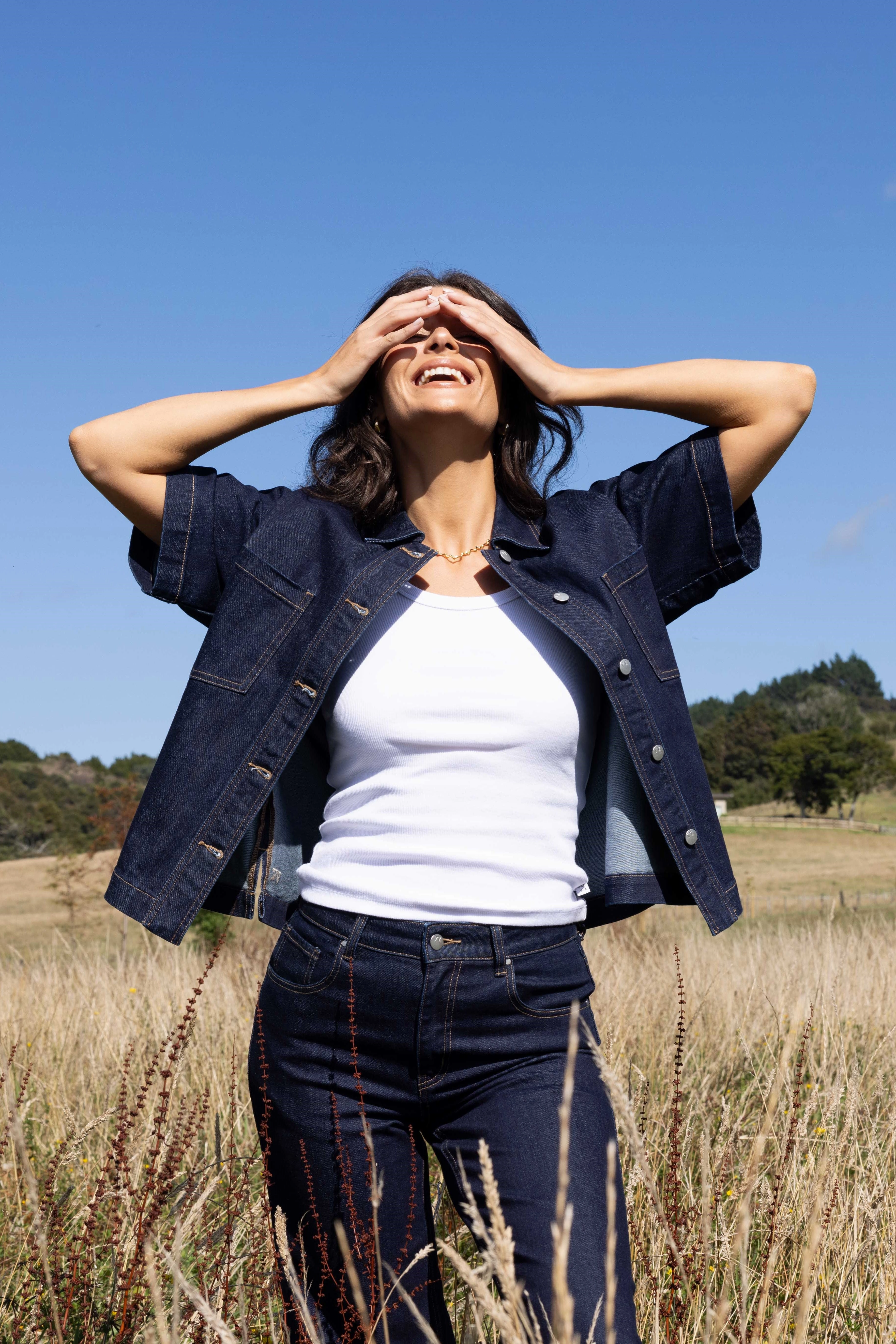 Stripe Look Transitional Look Shine On Label Nolan Short Sleeve Denim Shacket Indigo