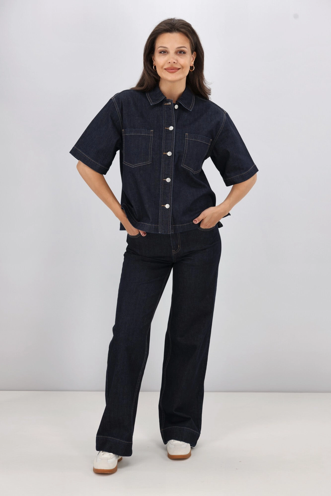 QuiltedPattern Shine On Label Nolan Short Sleeve Denim Shacket Indigo